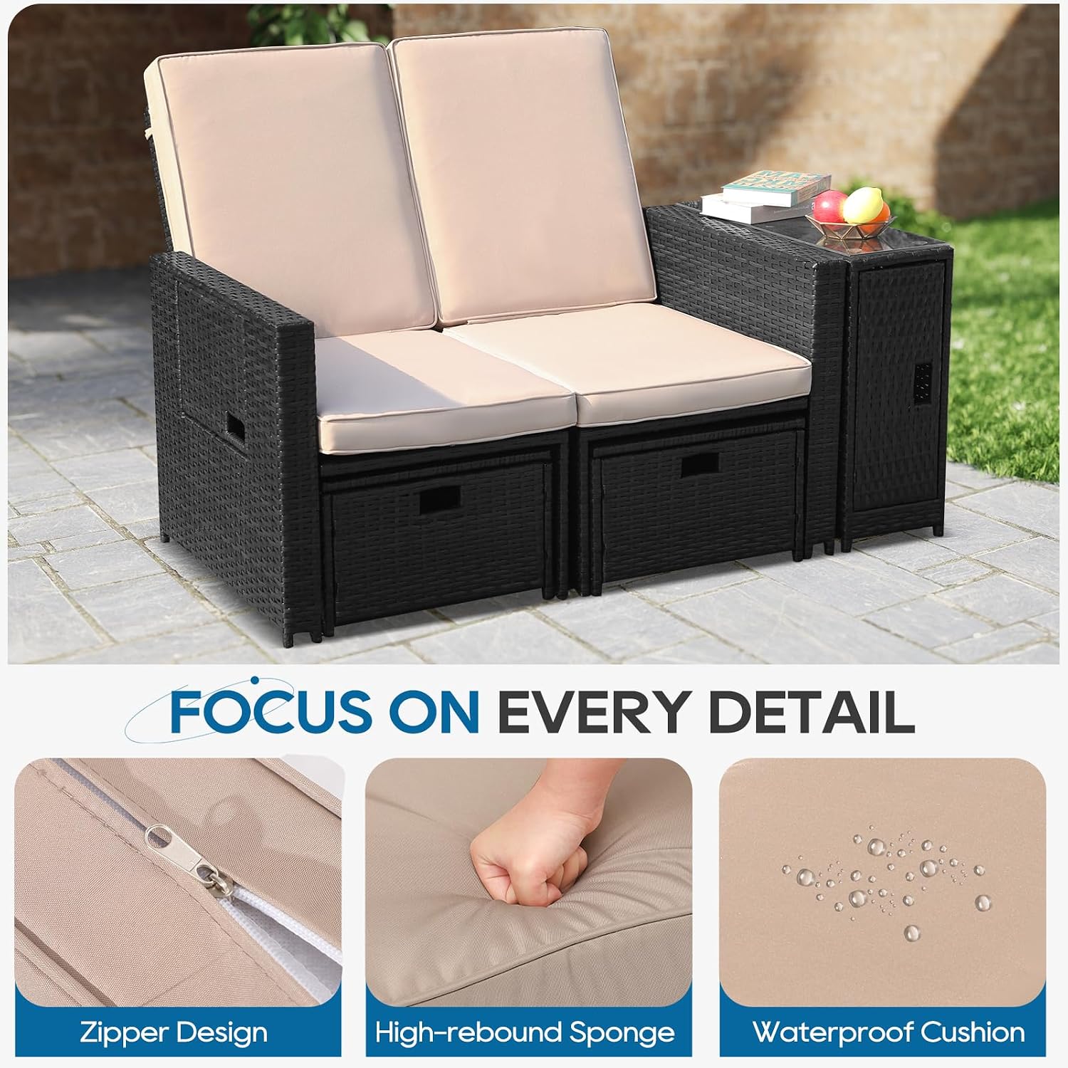 5PCS Outdoor Wicker Chaise Lounge Chair - Rattan Adjustable Reclining Patio Lounge Chair with Ottoman and Coffee Table