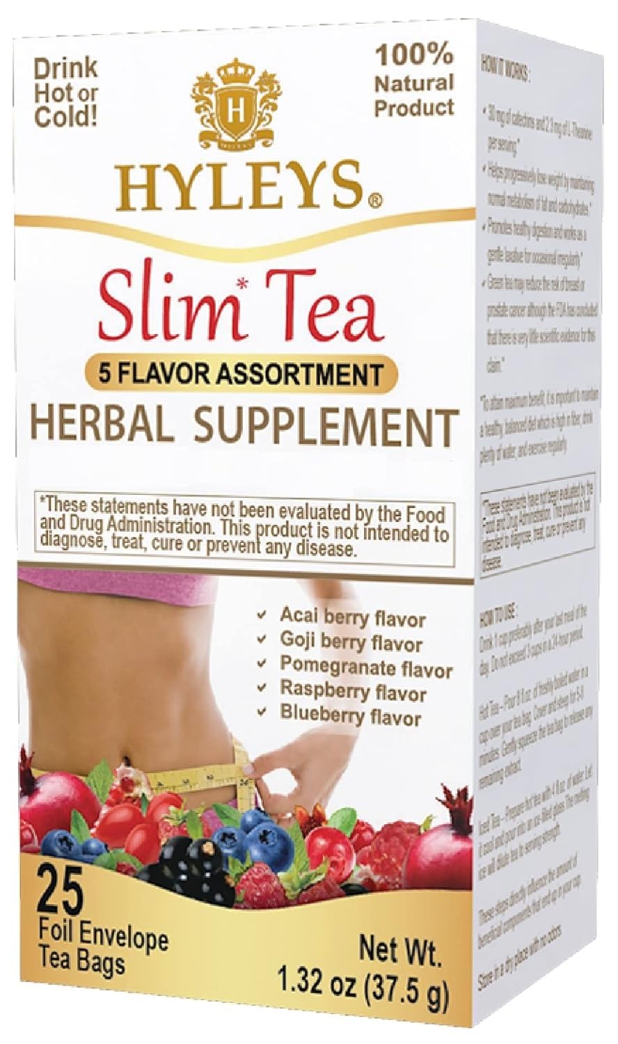 HYLEYS Slim Tea Goji Berry, Weight Loss Detox, Slimming Diet Tea, 25 Bags | Green Tea, Senna Detox & Cleanse, 3 Natural Ingredients, No Added Sugar, 1-Step Bedtime Routine, Supports Digestion