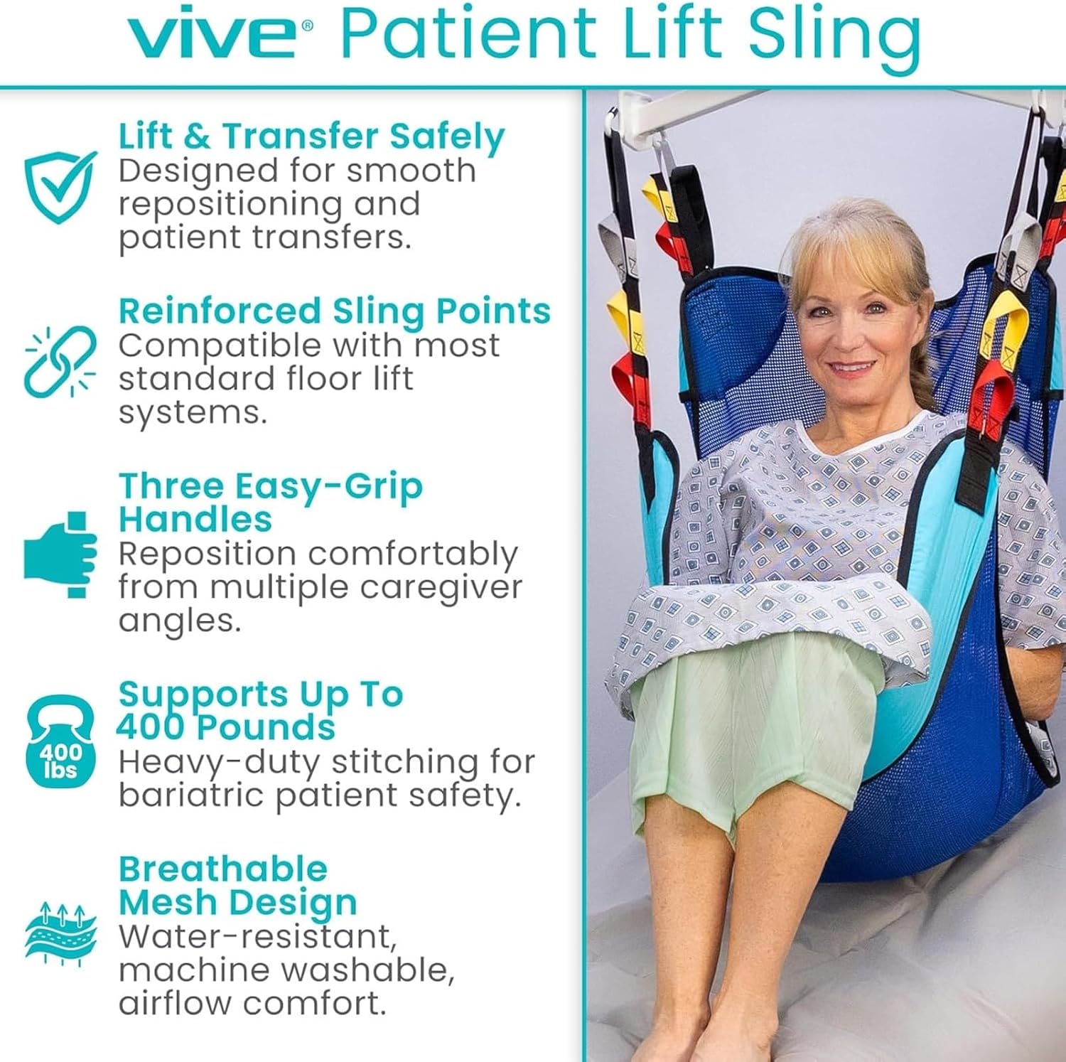 Vive Patient Lift Sling - Mesh Transfer Sling for Showering & Home Use | Full Body Hoyer Lift Pad for Elderly, Disabled