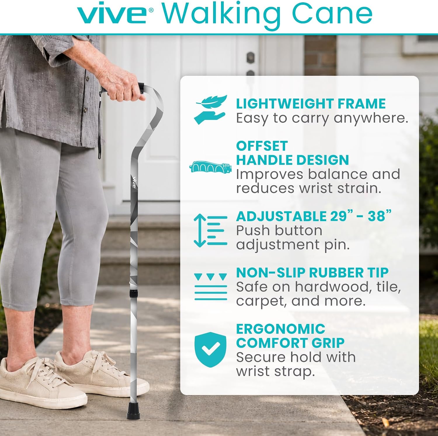 Vive Walking Cane for Women, Men, Elderly - Patented Offset Grip - Lightweight Adjustable Walking Aid with a Non-Slip Tip - Sturdy Balancing Mobility Aid for Seniors