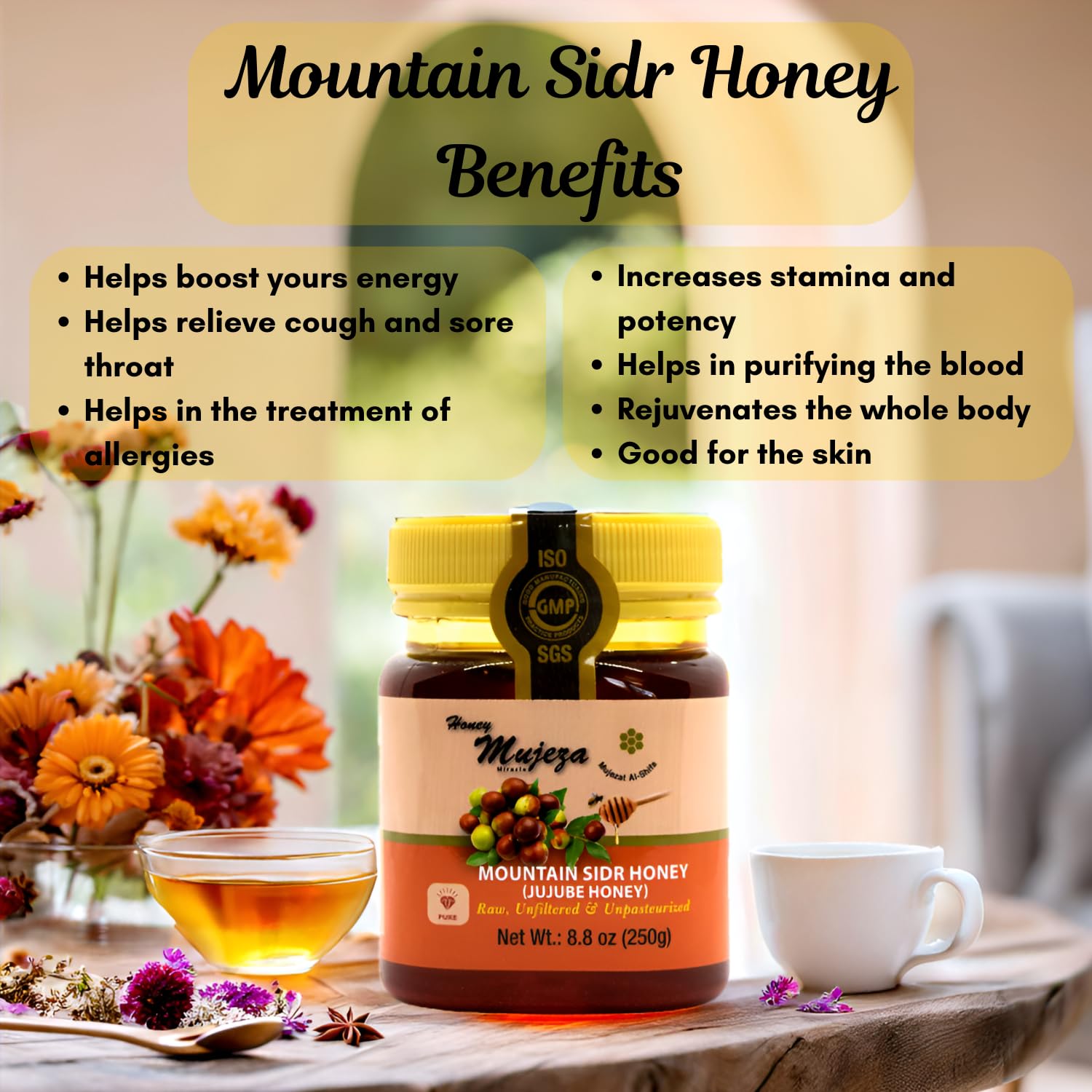 Authentic Mountain Sidr Honey - Jujube Honey, Supports Mental Health, Memory and Cognition, 100% Natural, Raw Liquid Honey, Gluten Free (500g / 17.6oz)