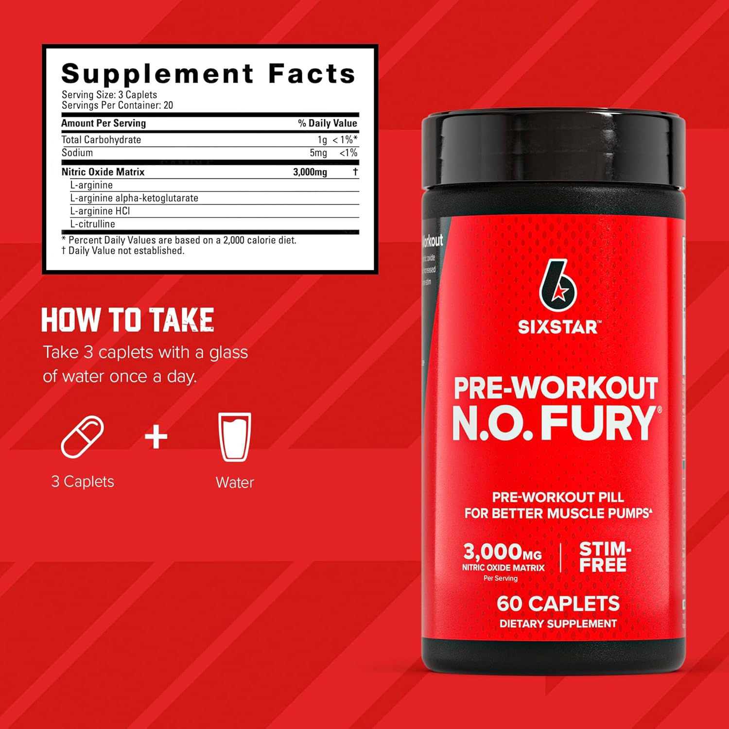 Six Star Pre-Workout N.O Fury Nitric Oxide Booster Pills for Muscle Pumps | Nitric Oxide Booster Pills Muscle Pump Pre Workout Supplement - Sports