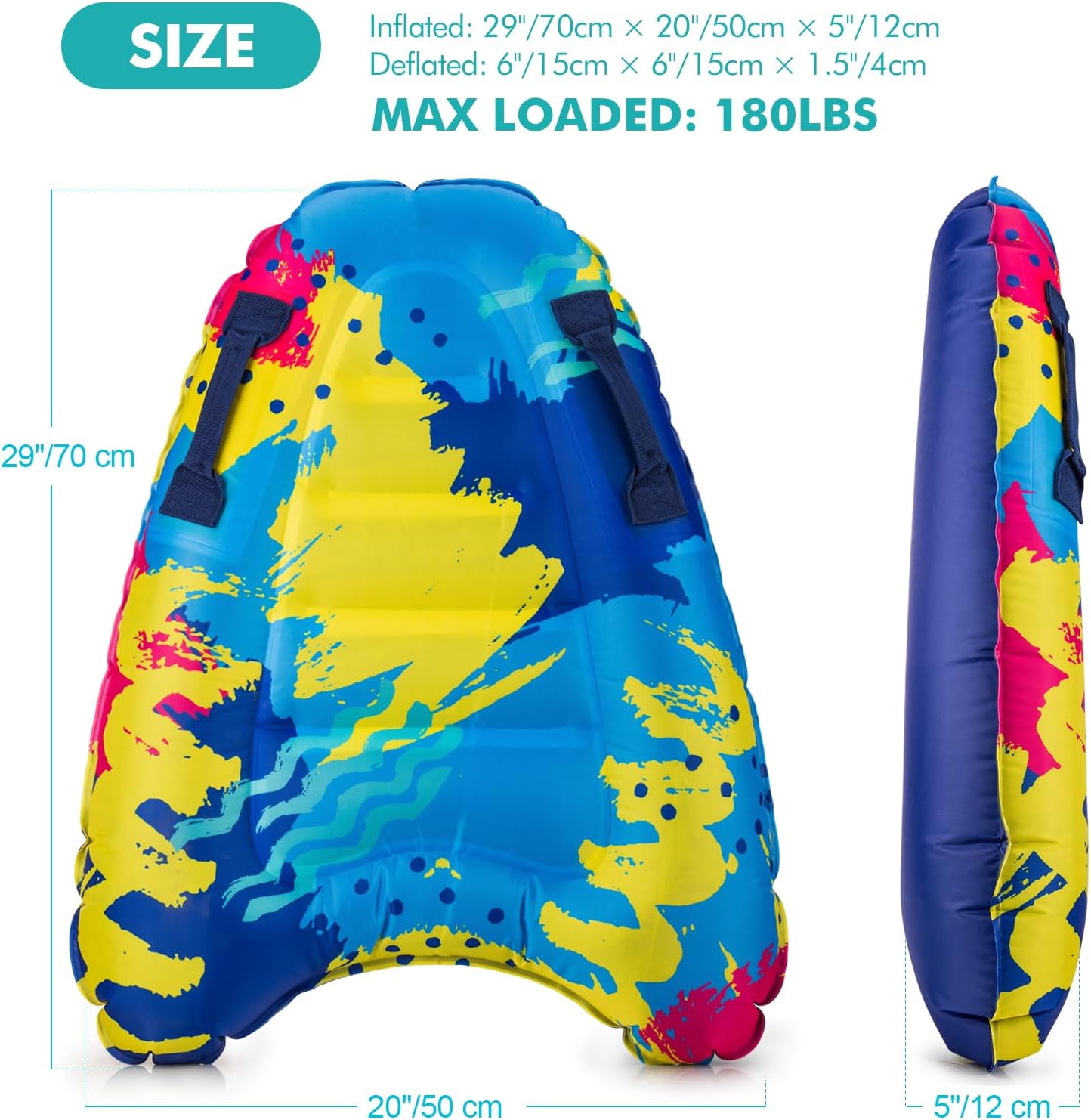 Inflatable Boogy Boards for Beach Travel Toys, 30” Cavas Slip Slide Water Park Body Surfing Board with Handles