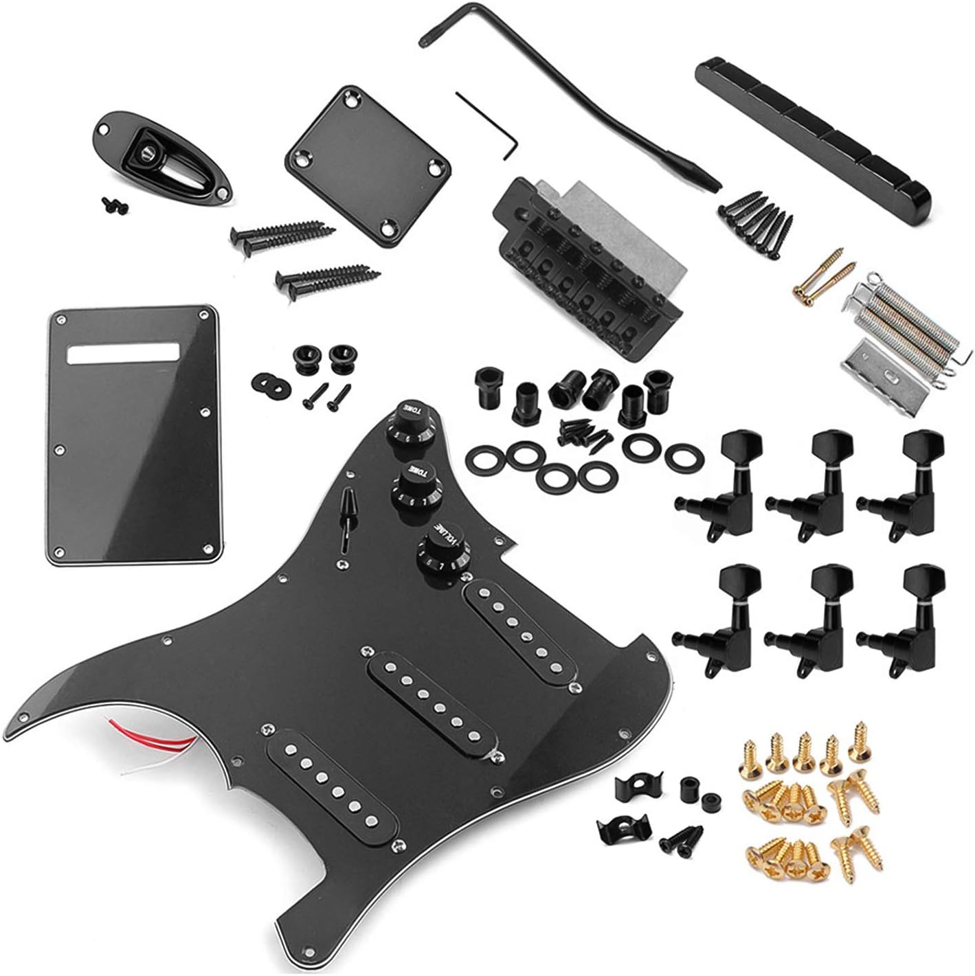 ST Electric Guitar DIY Kit Prewired Pickguard SSS Black | No-solder prewired pickguard. SSS Alnico pickups, 5-way switch. Tremolo bridge