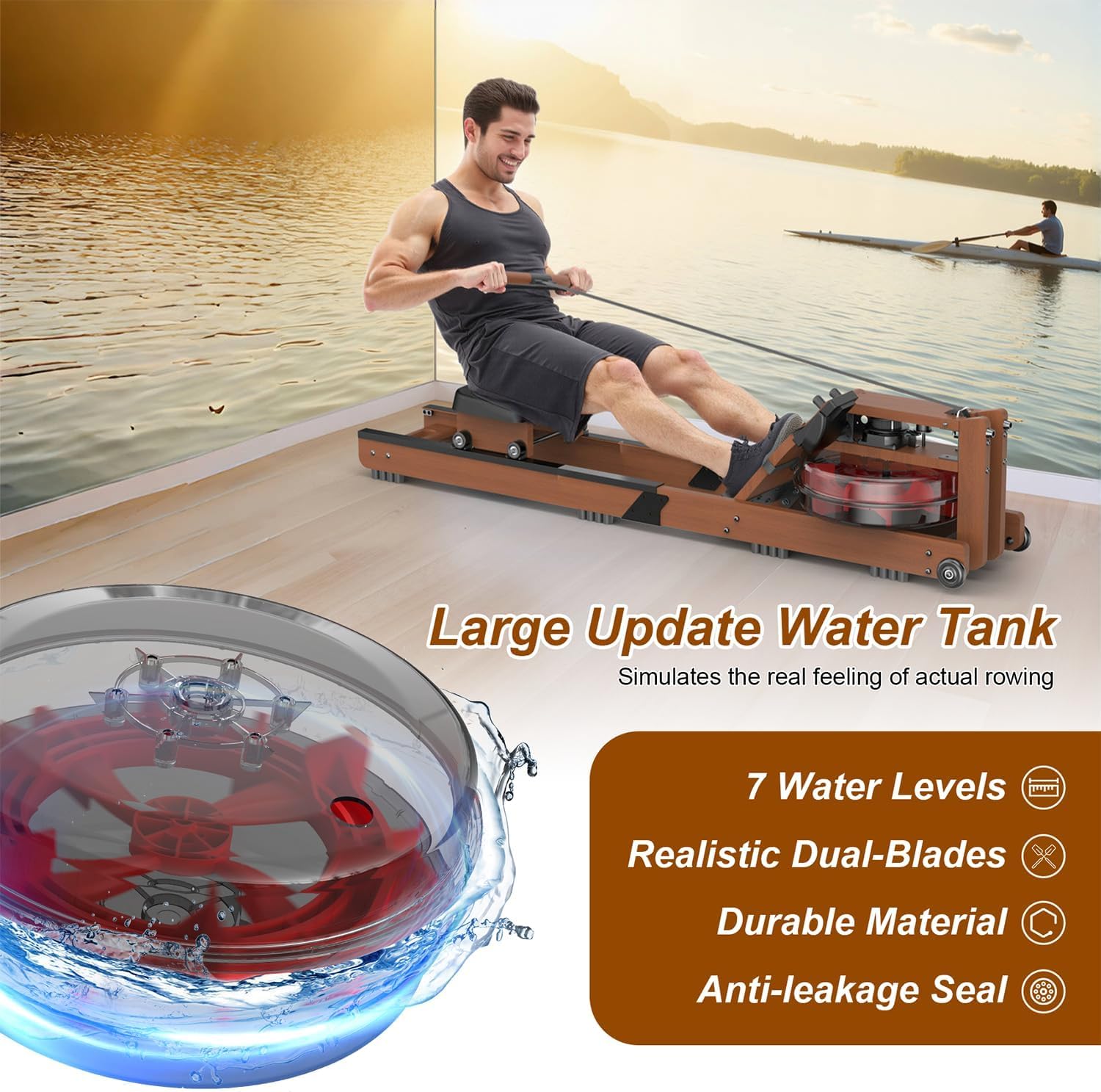 Water Rowing Machine for Home, Rower Machine 400LBS Weight Capacity with Dedicated Monitor & Comfortable Seat, Bluetooth APP