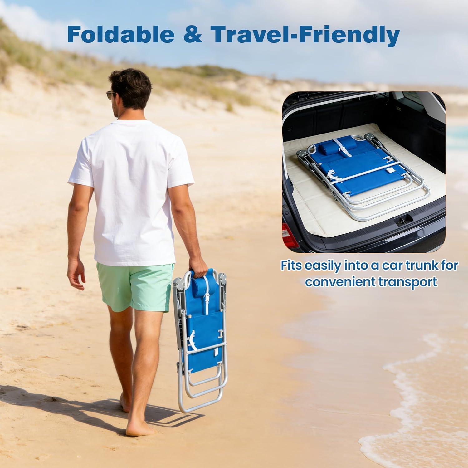 SUNNYFEEL Oversized Tall Folding Beach Chair Lightweight, 17" Portable Sand Chair for Adults Heavy Duty 500 LBS with Cup Holders