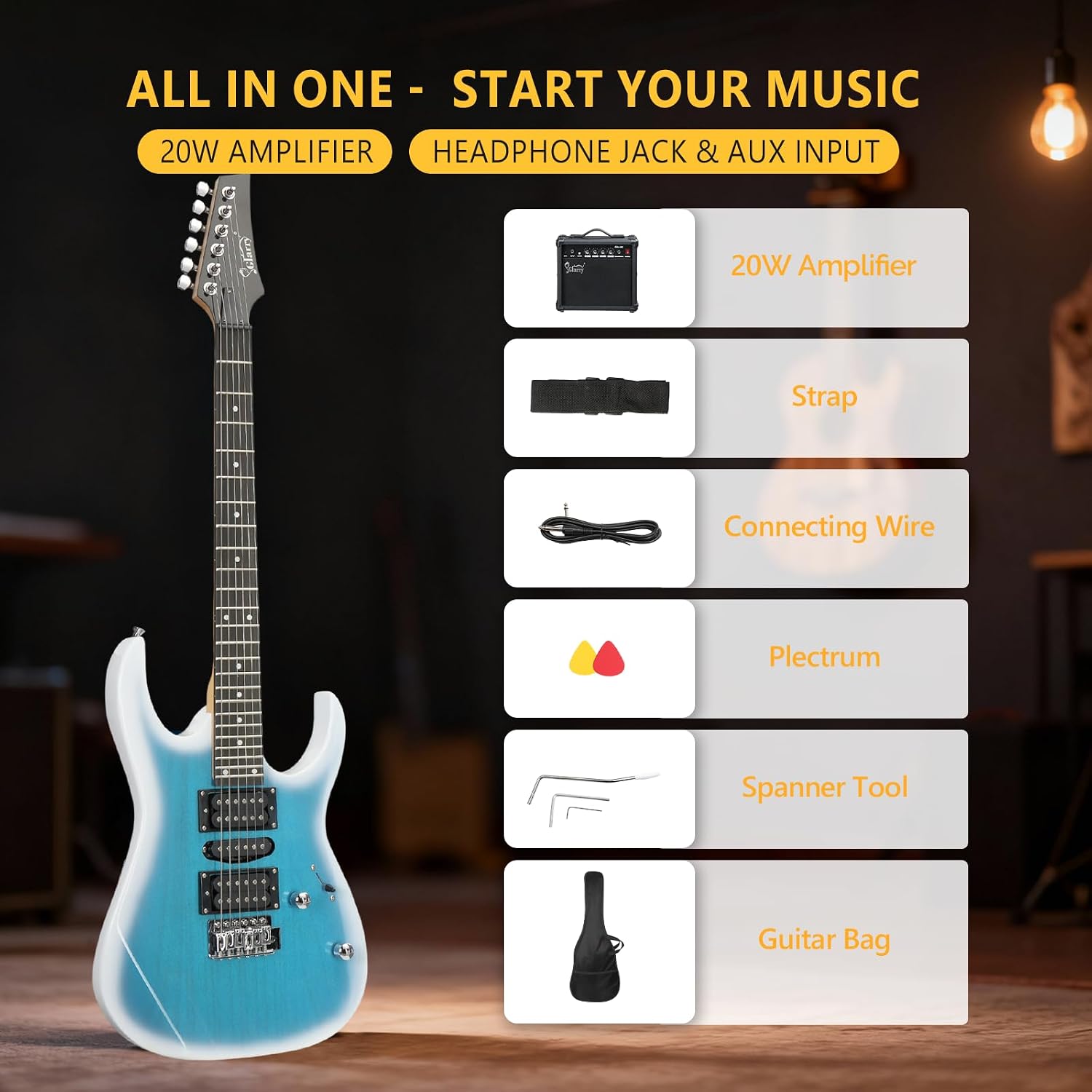GLARRY 39" Full Size Electric Guitar Kit for Beginners, Starter Electric Guitar Set with 20W Amp & HSH Pickups, Model 170 (Black-White)