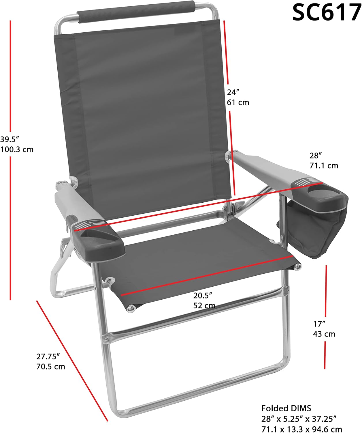 Rio Brands 17" Extended Height 4-Position Folding Beach, Camping, Lawn Chair, Blue/White/Green