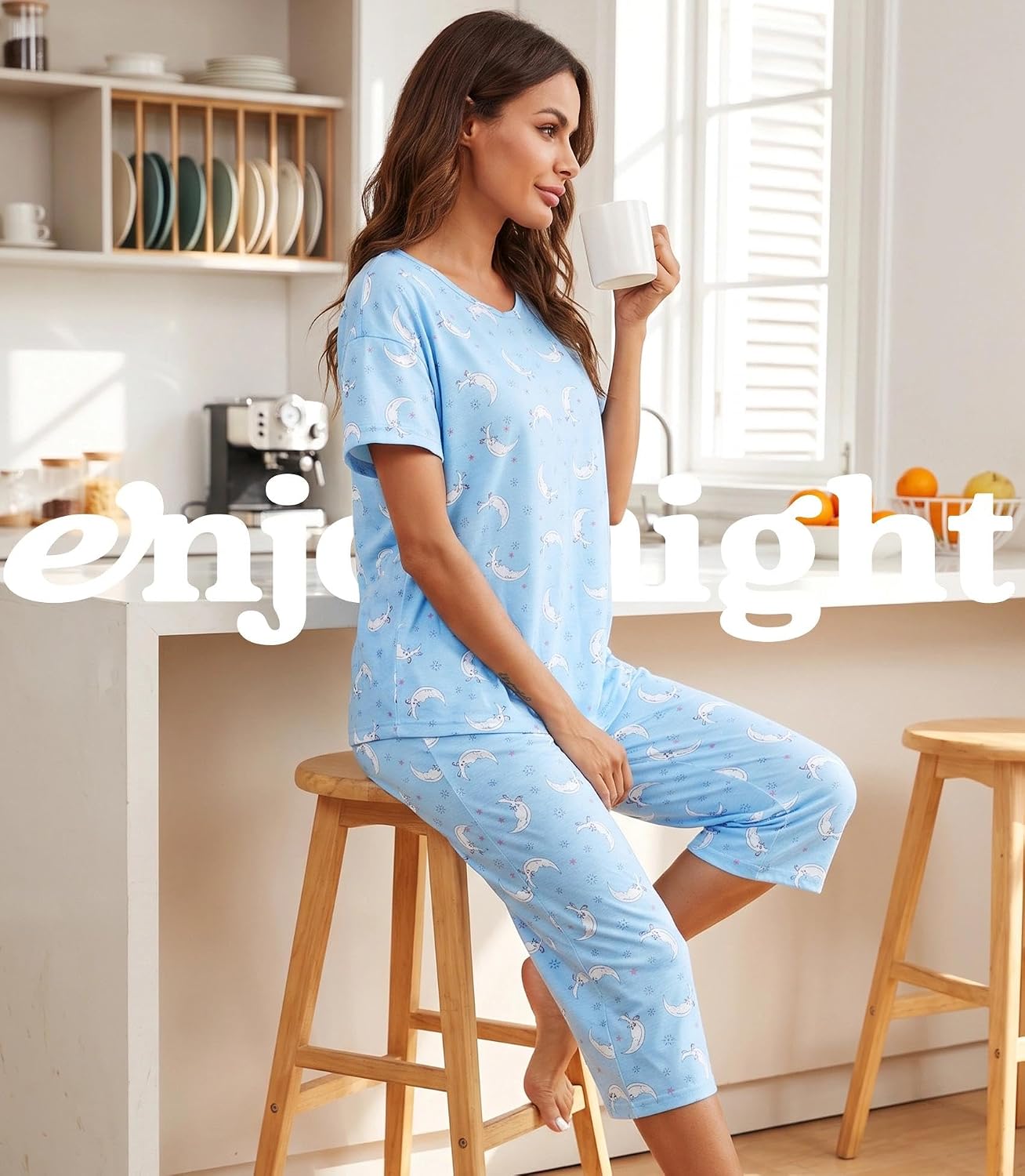 ENJOYNIGHT Womens Pajama Set Cotton Short Sleeve Top With Capri Pants Pj