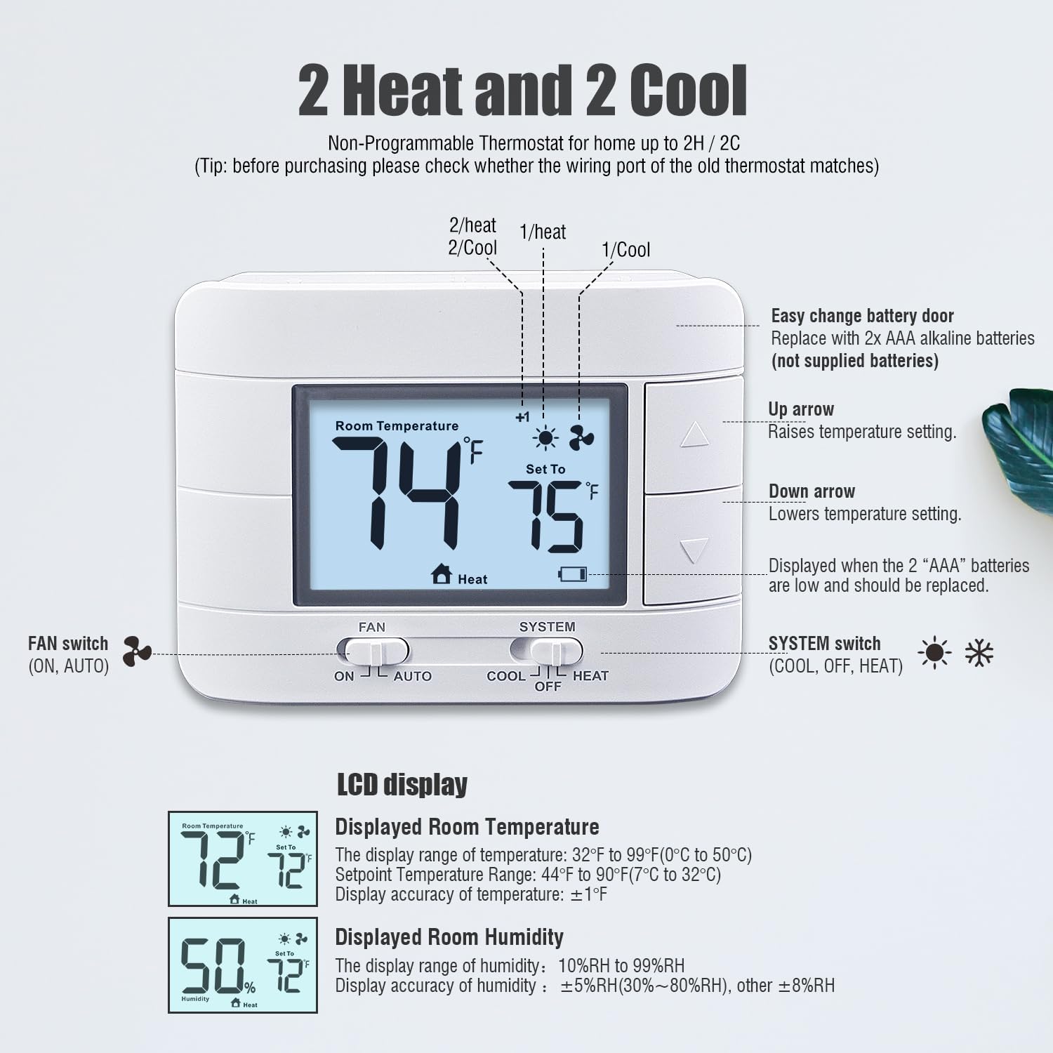 Aowel 2 Heat/ 2 Cool Non-Programmable Thermostat for Conventional System