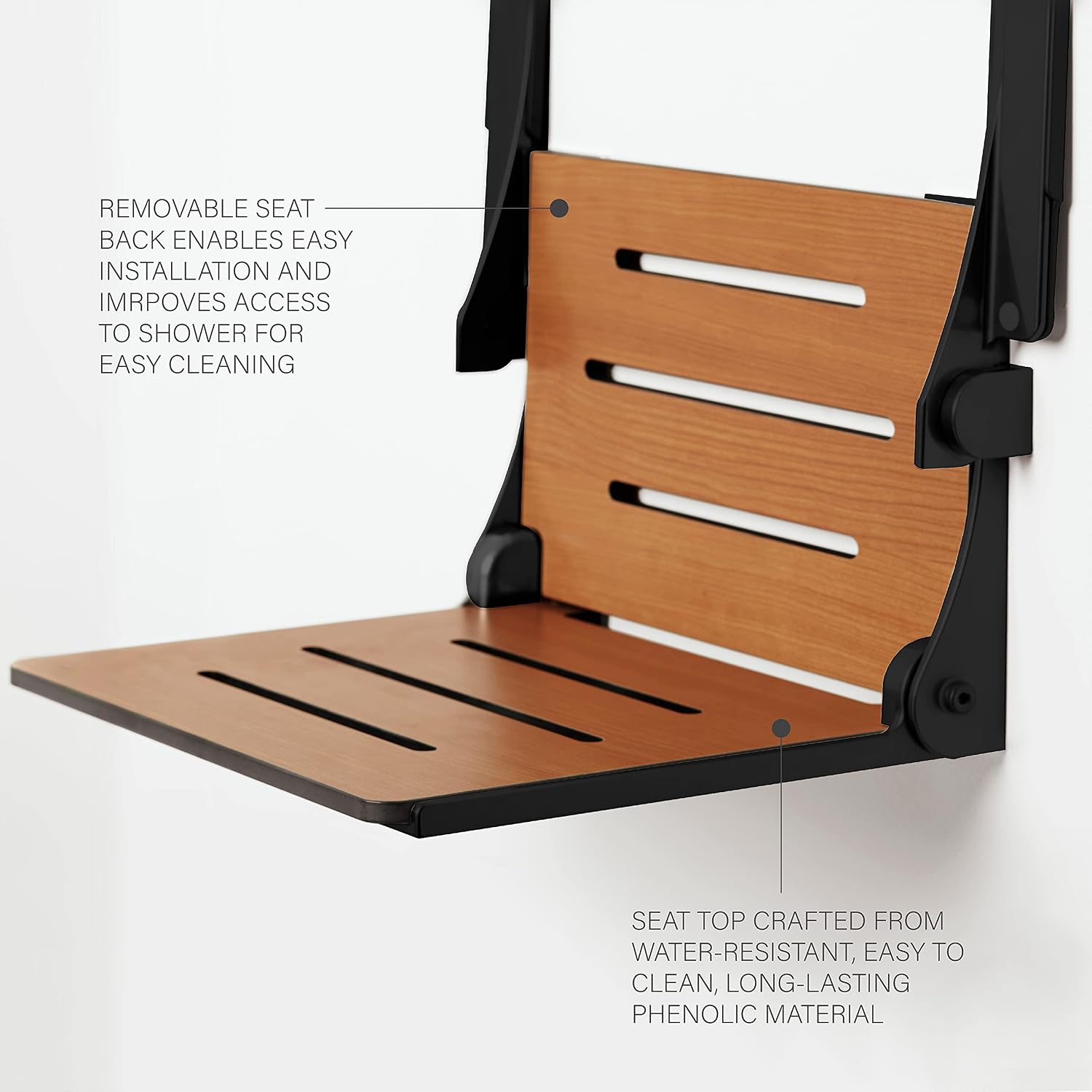 Seachrome Silhouette Comfort Folding Wall Mount Shower Bench Seat with Arms, Teak Seat with Silver Frame