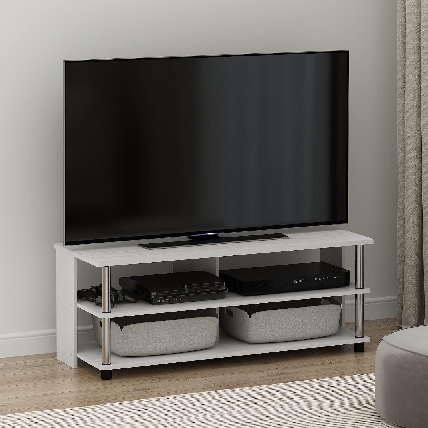 Furinno Beginning TV Stand, 2-Tier Rectangular Entertainment Center with Shelf, TV Console for TV up to 36 Inch, Open Back, for Living Room, Bedroom, French Oak