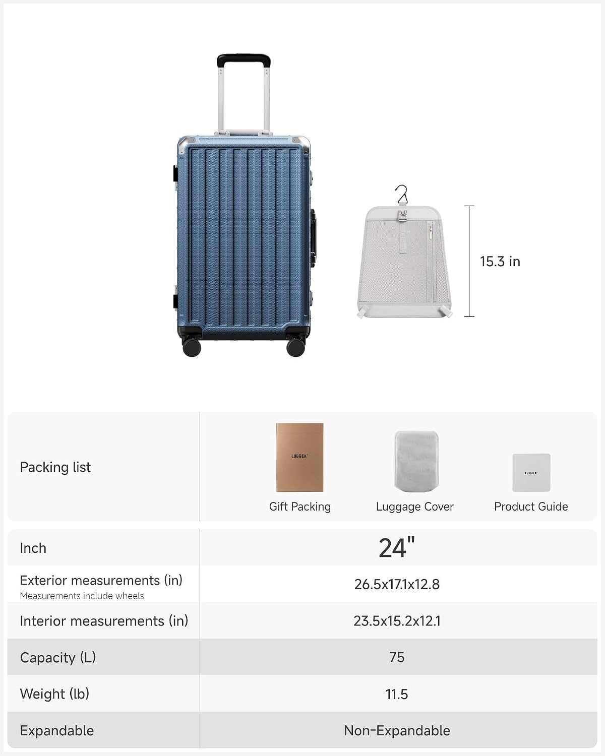 LUGGEX Zipperless Checked Suitcase, Aluminum Frame, Charcoal Metallic, 28" | Checked Luggage, 100% PC Hard Shell, 8010S Aluminum Frame, 8 Spinner Wheels, TSA Lock, Hard Shell, ZX-Core