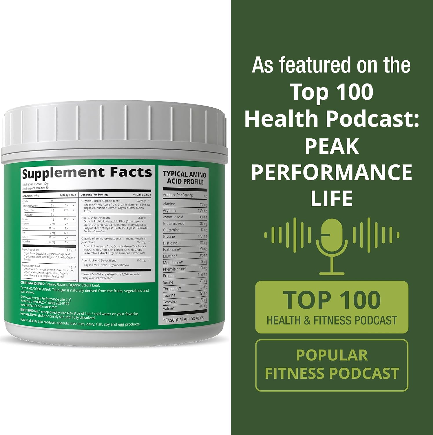 Peak Performance Greens Superfood + Grass Fed Collagen Peptides Powder | Ultimate Blend of Top Tasting Green Superfood with Pure Pasture Raised
