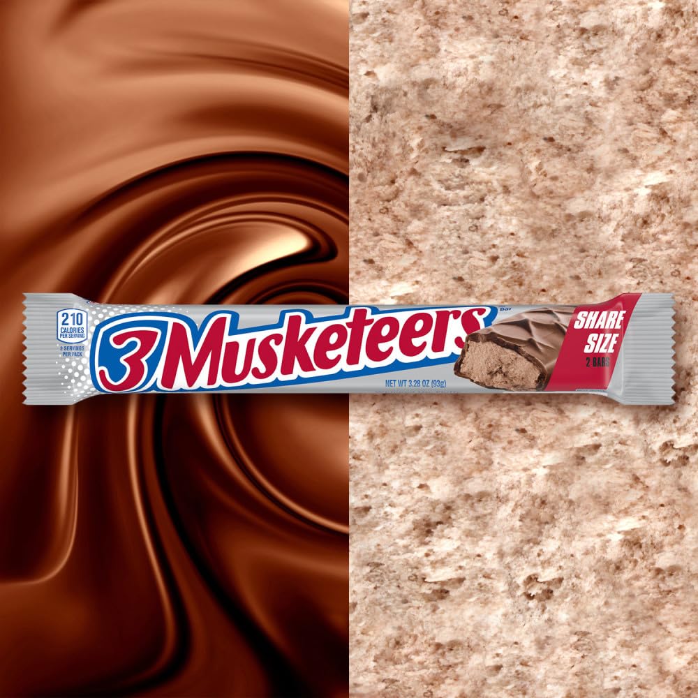3 MUSKETEERS Milk Chocolate Candy Bars, Full Size, Bulk Candy Box, 36 ct | Light whipped chocolate nougat in full size bars, for sharing, party favors and lunch boxes, gift bag, snack box
