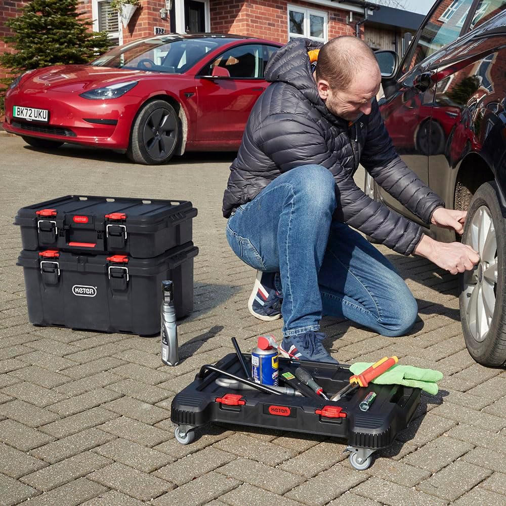 Keter Masterloader Resin Rolling Tool Box with Locking System and Removable Bins – Perfect Organization and Storage Chest for Power Drill, Tape Measure, and Screwdriver Set, Black | Black, Heavy Duty, Weatherproof, All Terrain Wheels, Durable, Easy Slide…