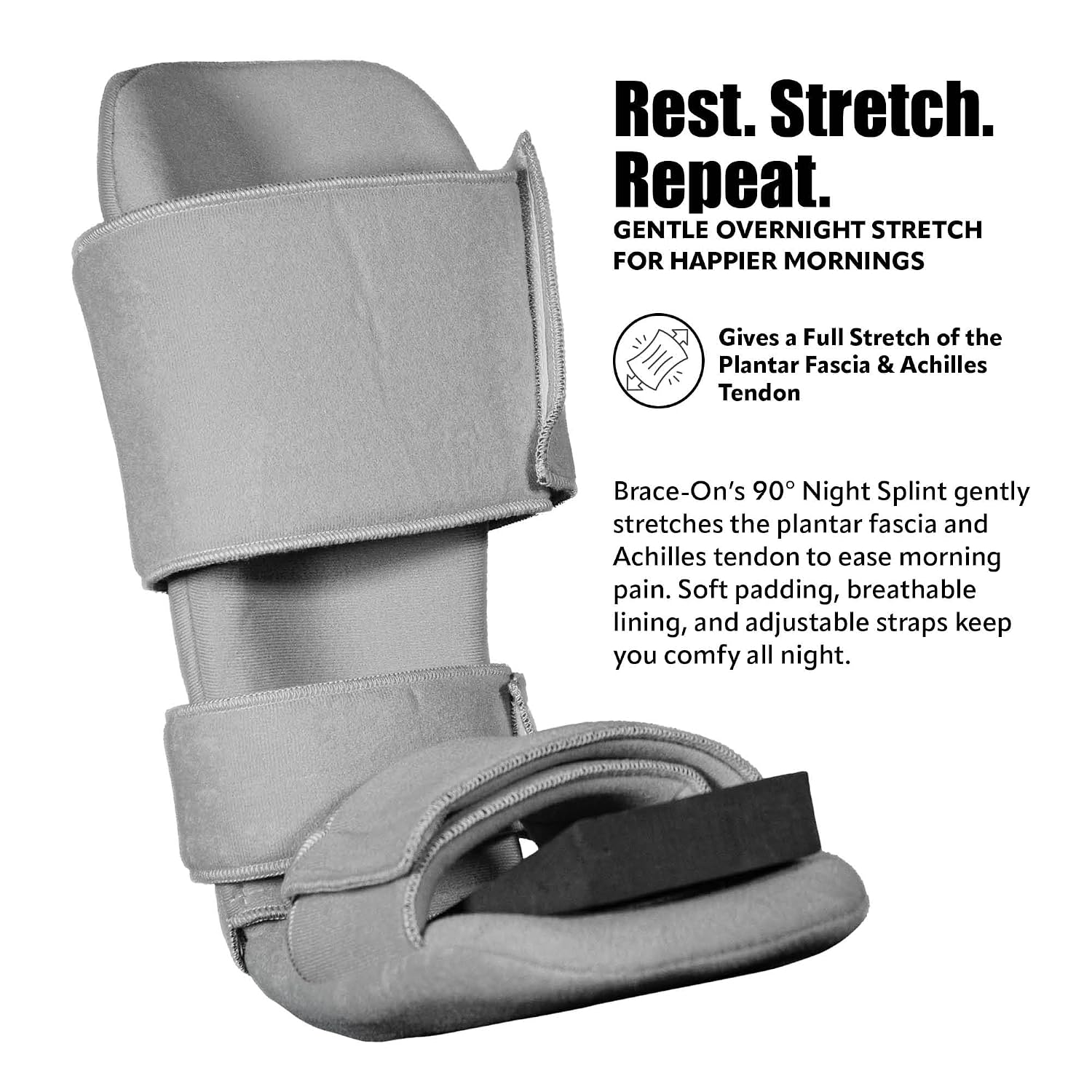 Brace On 90 Degree Night Splint, 3 Straps, Adjustable, Foam Wedge, Medium | Fits Men's Shoe Size 6-8 and Women's 7.5-9.5, Overnight Positioning, Ultra-Soft Materials, Removable Foam Wedge