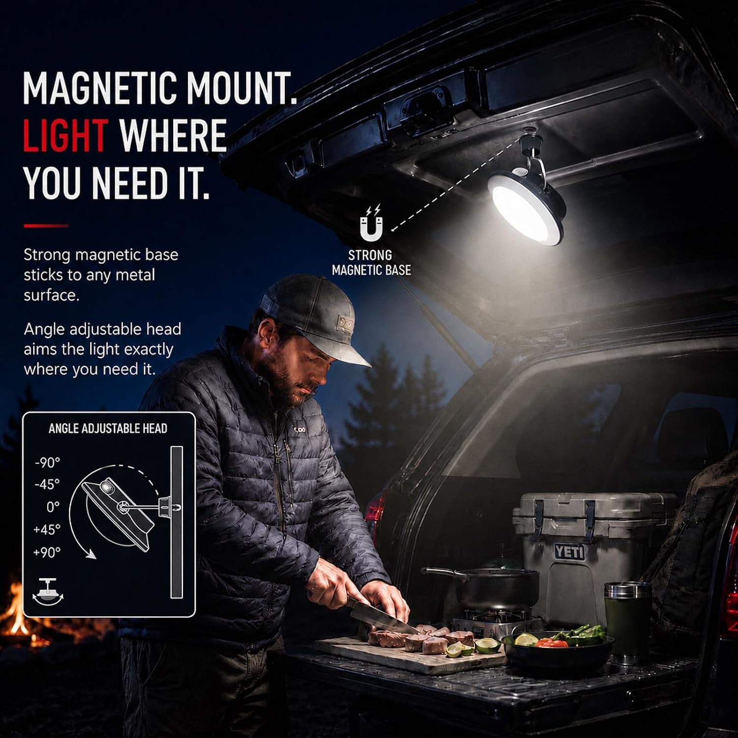 Rechargeable Tent Light, Hanging LED Canopy Light for Camping & RV | 500 lumens, dimmable + red mode, magnetic + angle-adjustable, USB-C fast