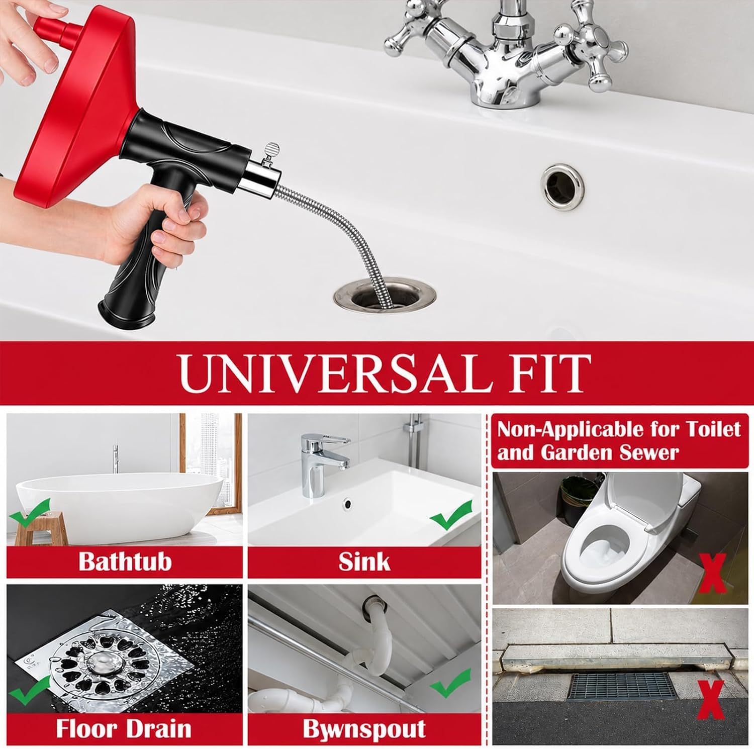 Drain Snake Auger, 33 Feet Plumbing Snake Drain Hair Clog Removal Tool, Heavy Duty Snake Auger