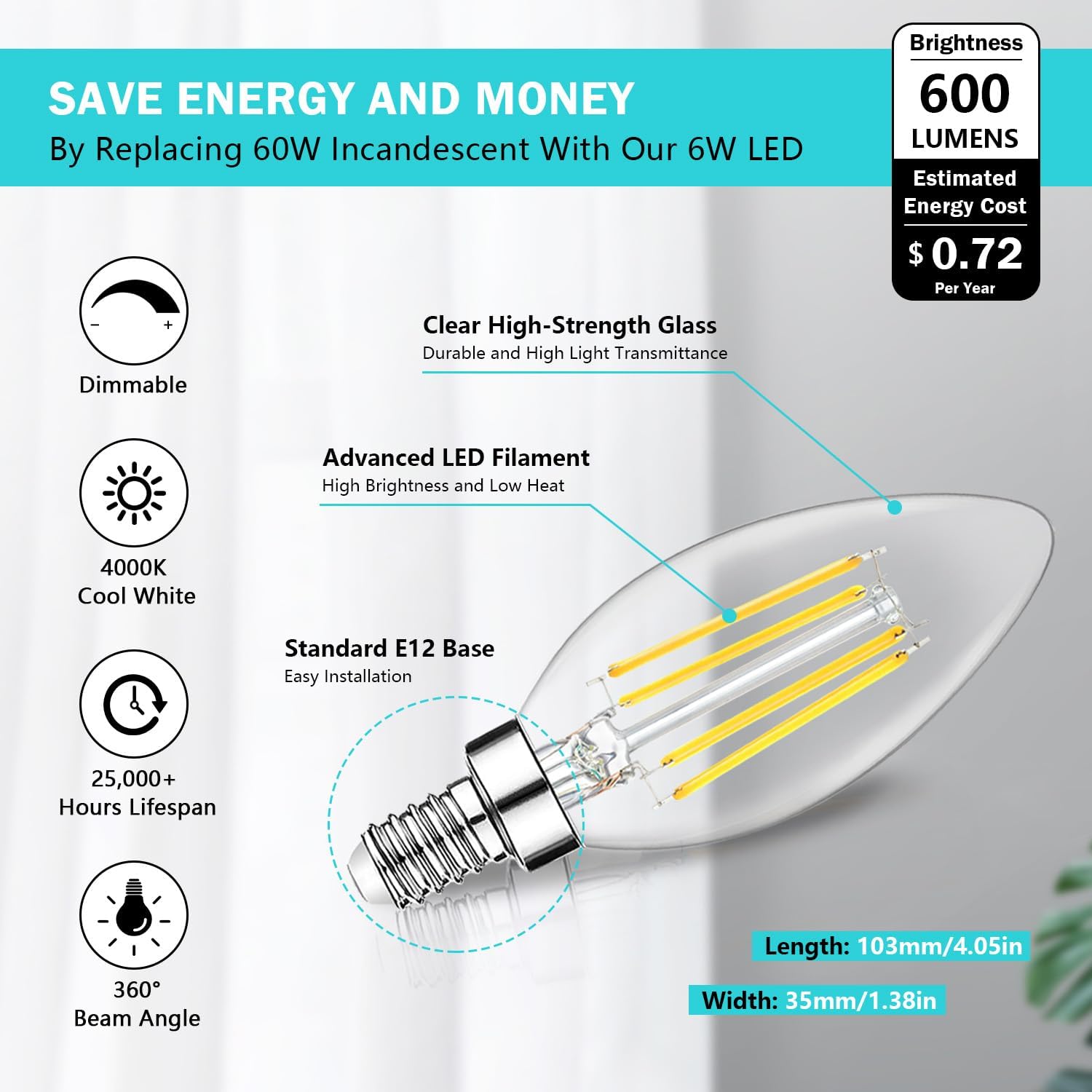 BesLowe 12-Pack Dimmable E12 LED Candelabra Bulbs 60W Equivalent, 2700K