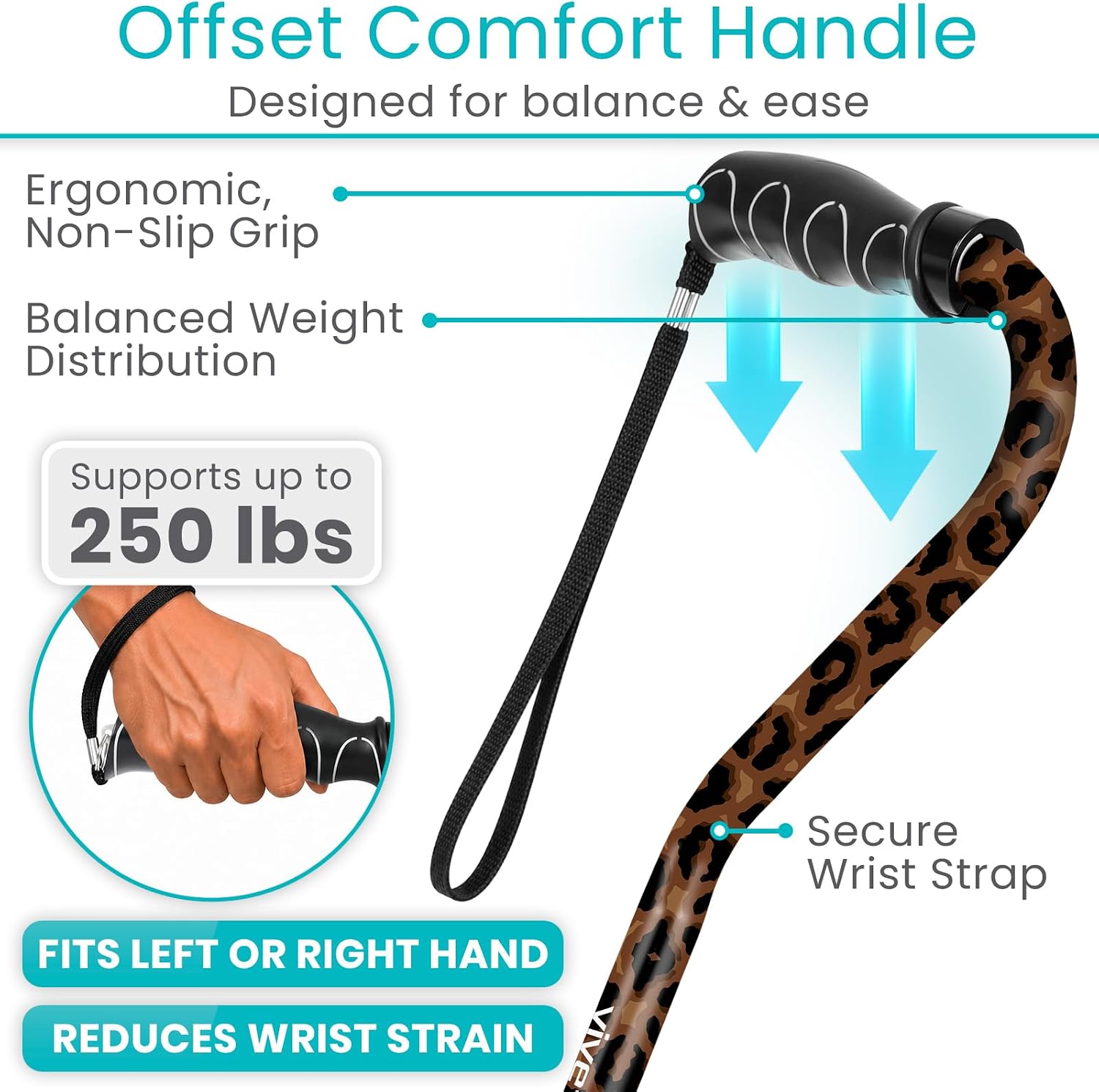 Vive Walking Cane for Women, Men, Elderly - Patented Offset Grip - Lightweight Adjustable Walking Aid with a Non-Slip Tip - Sturdy Balancing Mobility Aid for Seniors