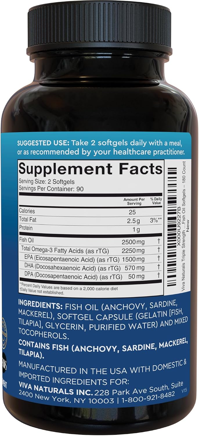 Viva Naturals Triple Strength Omega 3 Fish Oil Pills – 2500 mg High-Potency Formula with 2250 mg Omega 3 Fatty Acids (Including EPA, DHA, DPA) in rTG Form for Absorption – IFOS Certified, 90 Softgels