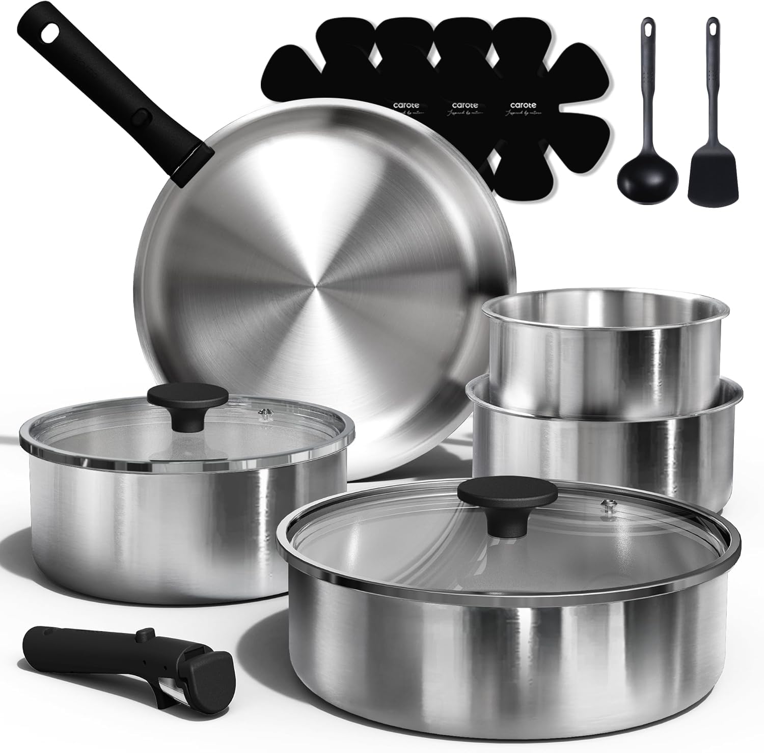 CAROTE 15pcs Tri-Ply Stainless Steel Cookware Set with Detachable Handle | Pots and Pans Set, Even Heating, Non-Toxic, Induction Compatible