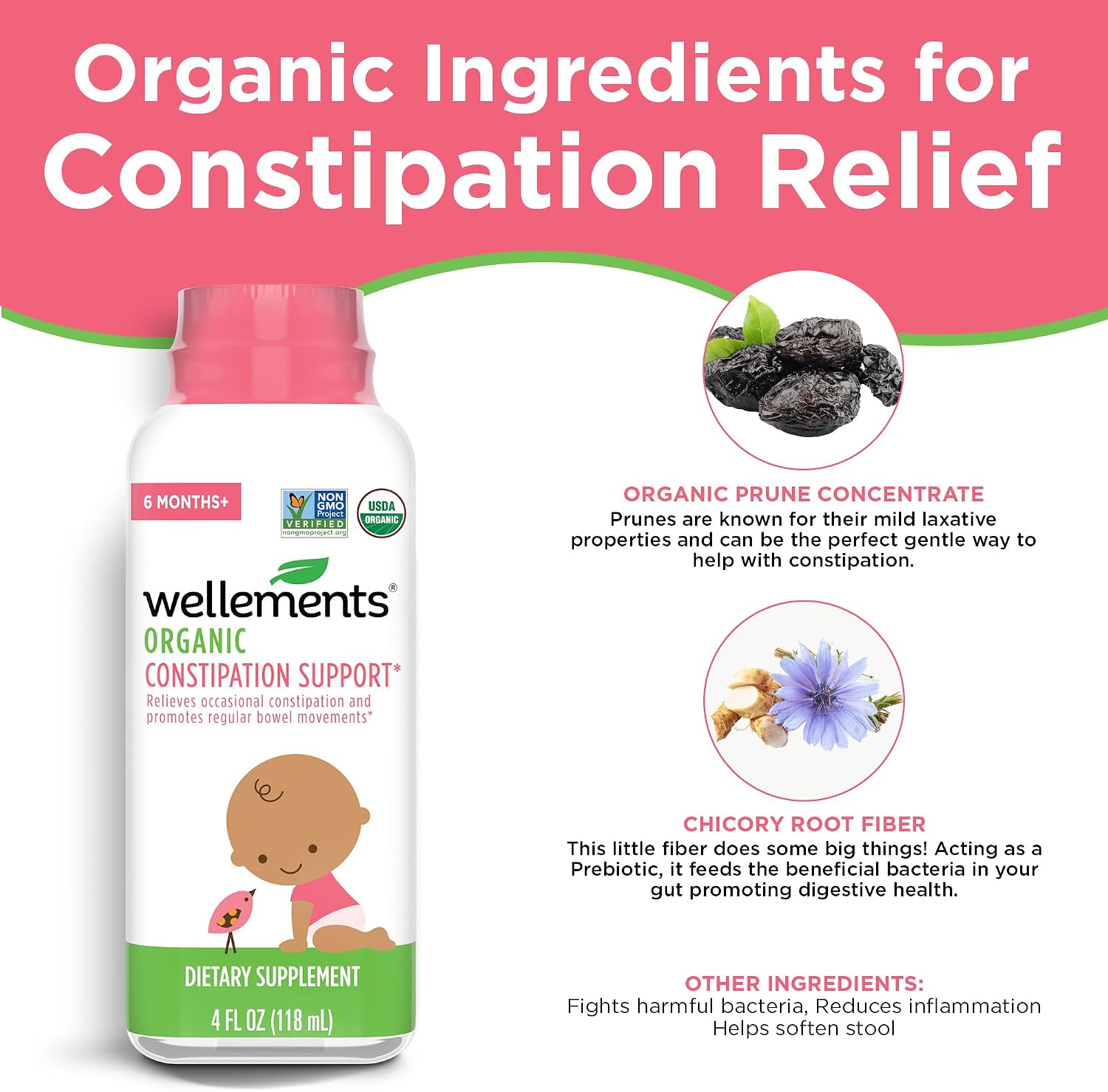 Wellements Organic Constipation Relief for Infants Babies & Toddler 4 Fl Oz