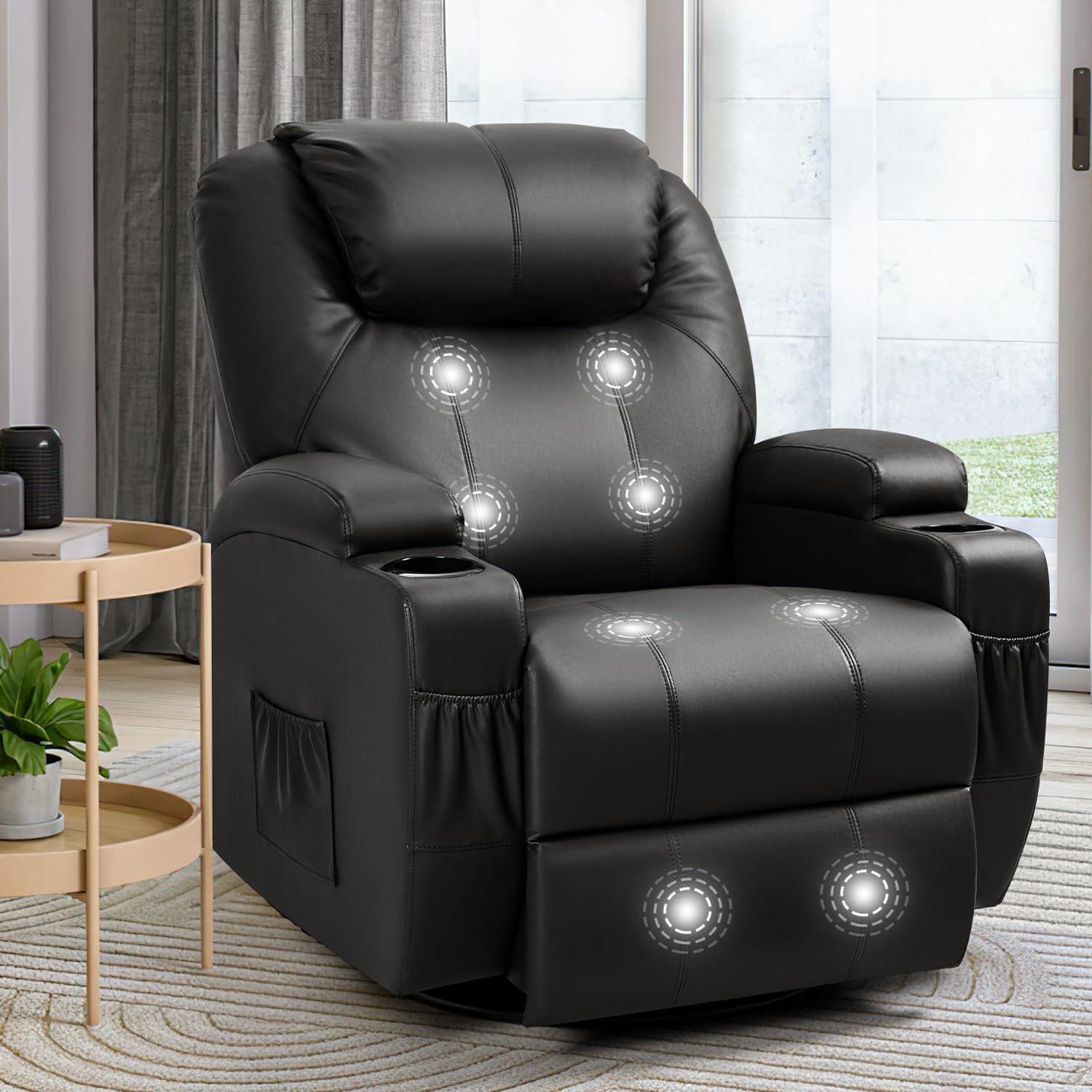 Furniwell Rocker Recliner Chair with Massage for Elderly, Leather Adjustable 360°Swivel Rocking Sofa for Living Room with Remote Control