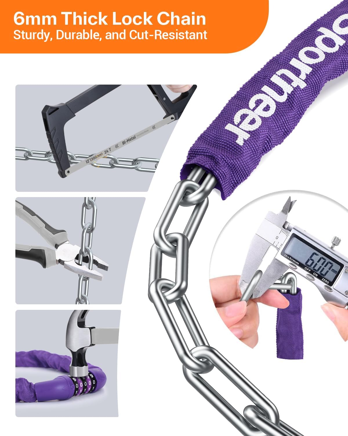Sportneer Bike Lock: 5 Digit Combination High Security Anti Theft Bike Chain Lock - 3.2/3.6/4ft Heavy Duty Keyless Bicycle Lock for Bike, Motorcycle, Scooter, Door & Gate - 4/6mm Thick, Easy to Use