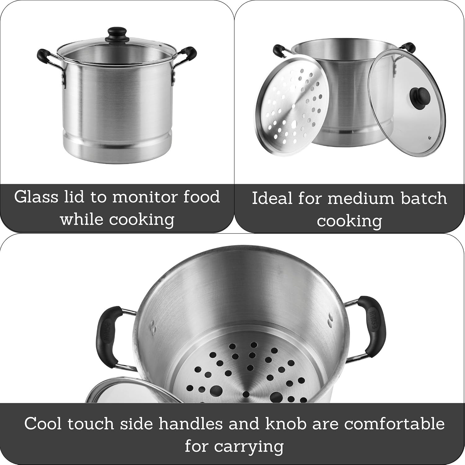 IMUSA USA Steamer with Glass Lid 20-Quart, Silver | Ideal for Tamales, Lobster