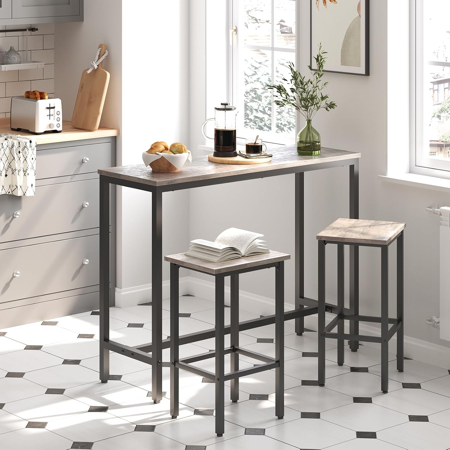 HOOBRO Bar Table and Chairs Set, 47.2” Rectangular Pub Table with 2 Stools for Small Space, 3-Piece Breakfast stools Set, Sturdy Metal Frame