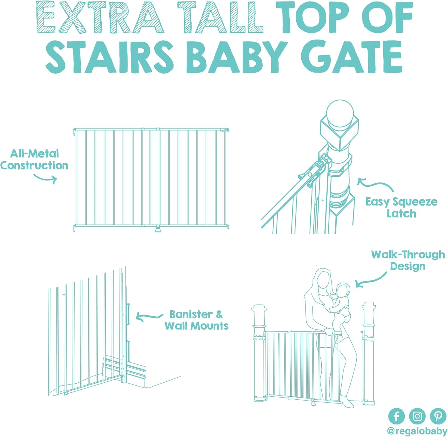 Regalo Safety 36" Extra Tall Baby Gate for Top of Stairs & Dooways