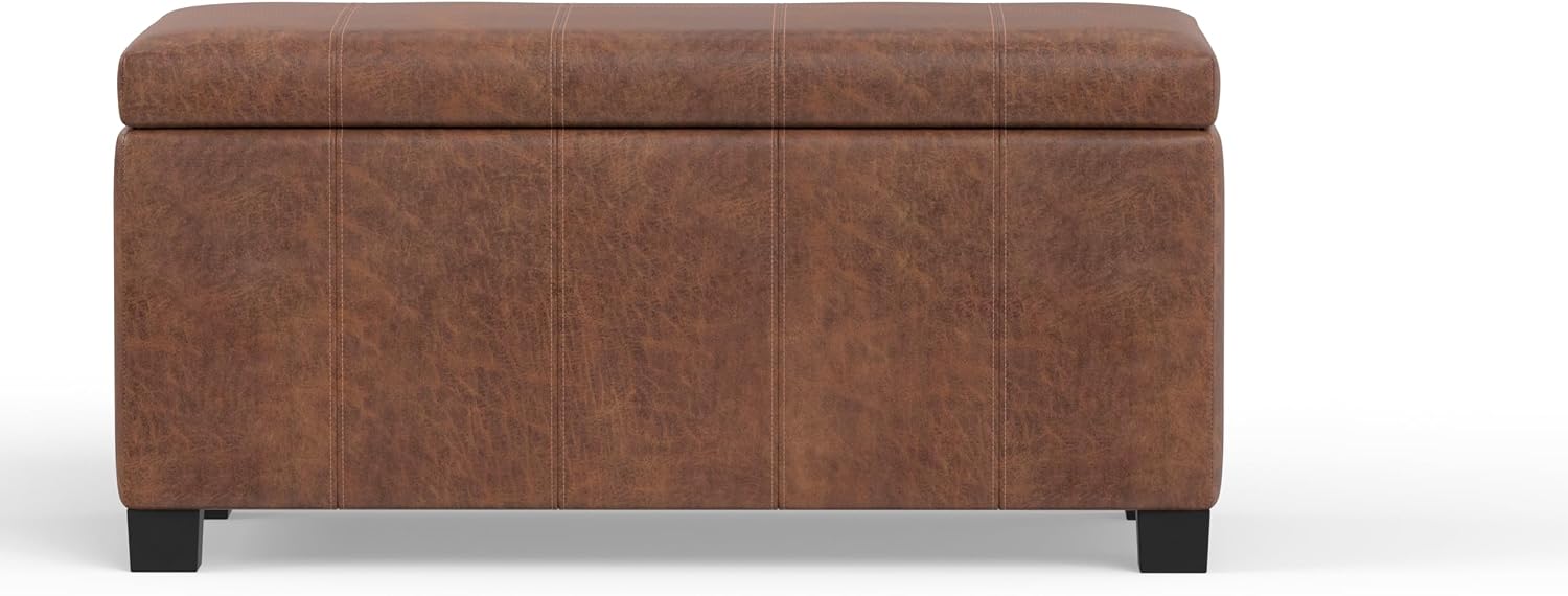 SIMPLIHOME Dover 36" Wide Vegan Leather Storage Ottoman in Midnight Black | Distressed umber brown, contemporary ottoman with lift-top and safety hinges; rectangle storage bench for living room.