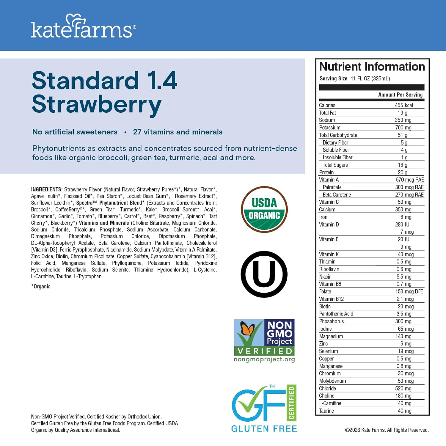 KATE FARMS Organic 1.4 High Calorie Shake, Plain, 20g Protein, 12 Pack