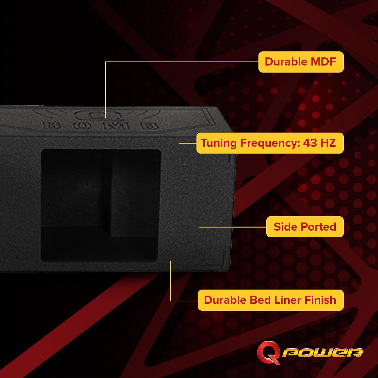 QPower QBOMB Single 12-Inch Speaker Box – Side-Ported Design with Black Bed Liner – Compatible with Kicker L7 Subwoofer