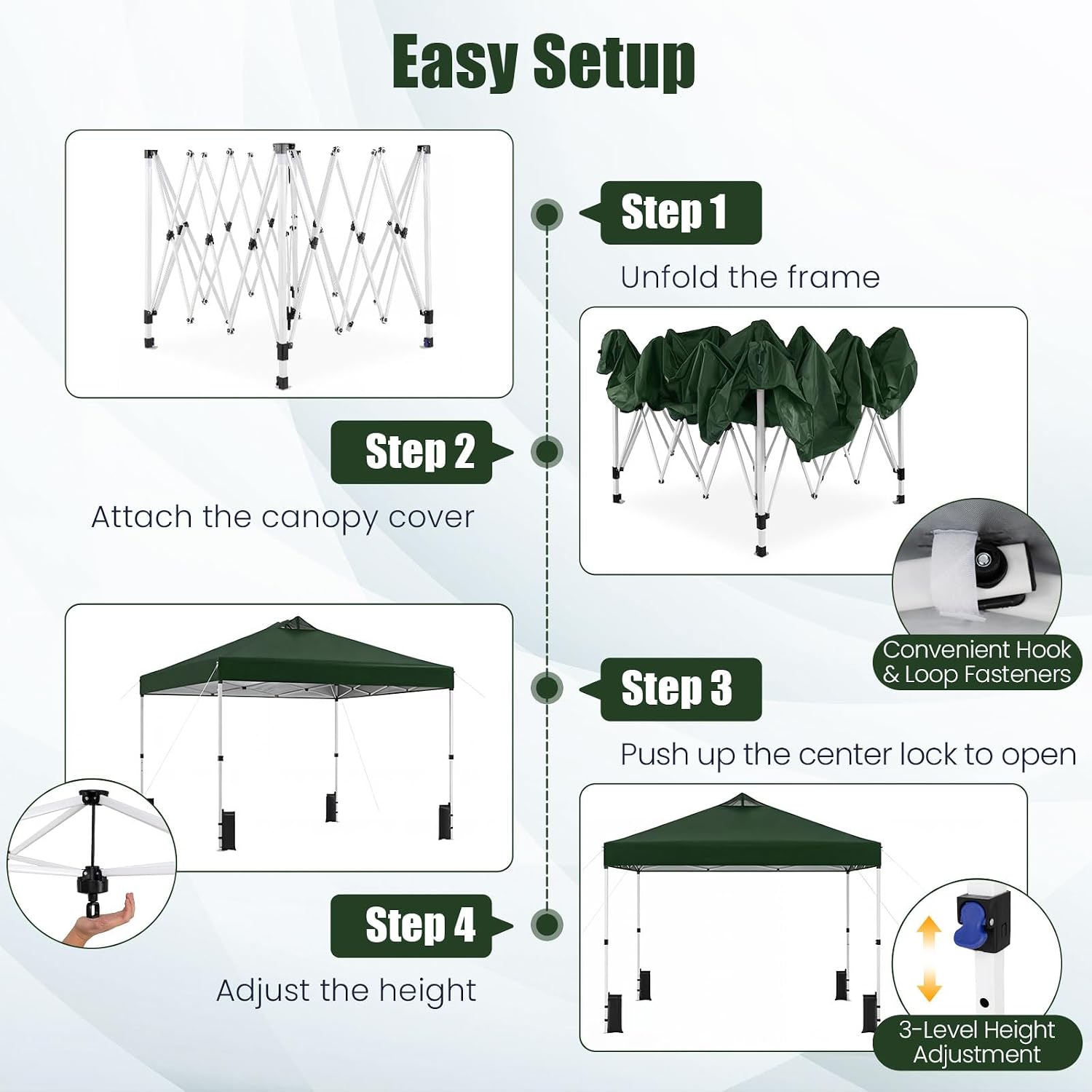 Tangkula 10 x10 Ft Pop Up Canopy with Center Lock, UPF 50+ One-Button Setup Outdoor Canopy Tent with Roller Bag, 4 Sand Bags, Heavy-Duty Steel Frame