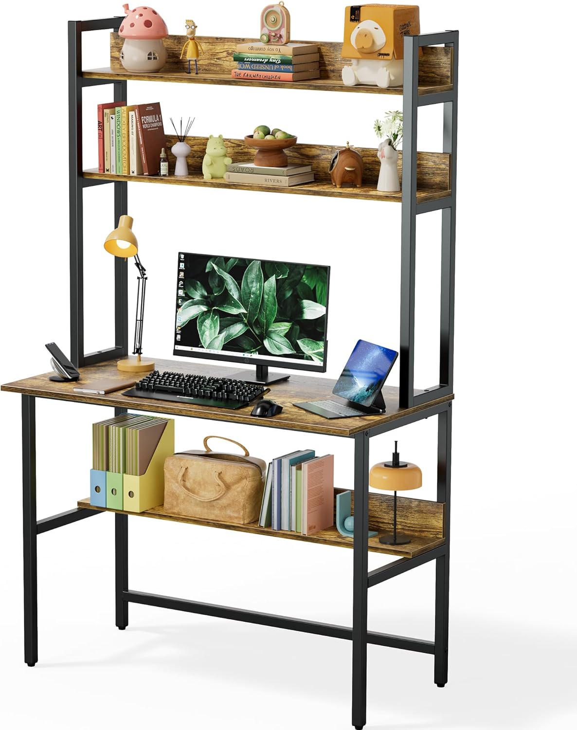 Aquzee Computer Desk with Shelves, 47" W x 23.6" D Gaming Desk with Hutch and Bookshelf