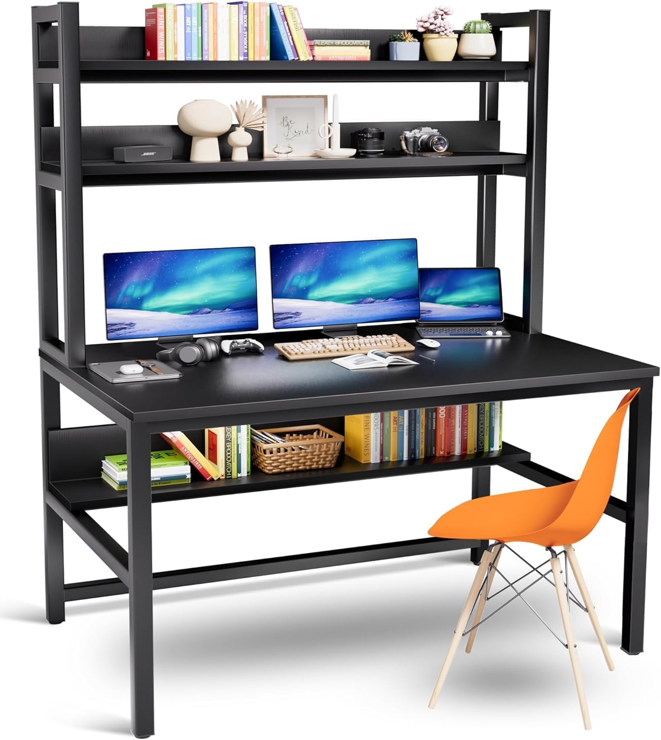 Aquzee Computer Desk with Shelves, 47" W x 23.6" D Gaming Desk with Hutch and Bookshelf