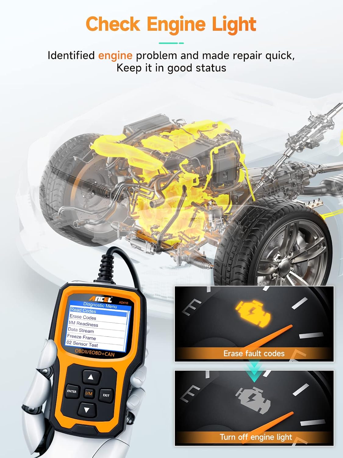 ANCEL AD410 Enhanced OBD2 Scanner, Vehicle Code Reader for Check Engine Light, Automotive OBD II Scanner Fault Diagnosis