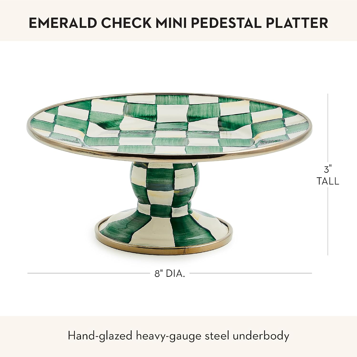 MACKENZIE-CHILDS Pedestal Platter, Mini, Black-and-White Courtly Check | Hand-painted design, made from enameled steel, stackable round cake stand for serving desserts, 8" dia. x 3" H