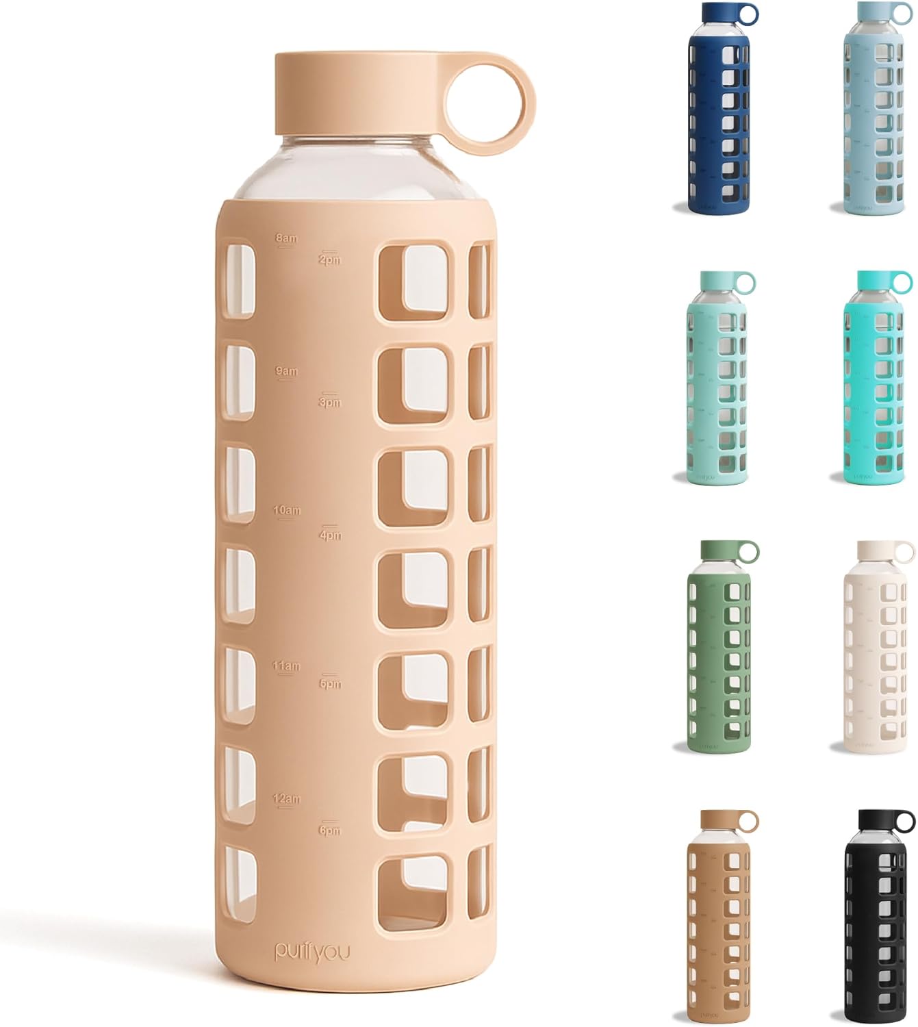 purifyou 40oz / 32oz / 22oz / 12oz Borosilicate Glass Water Bottle with Time & Volume Markers, Silicone Sleeve
