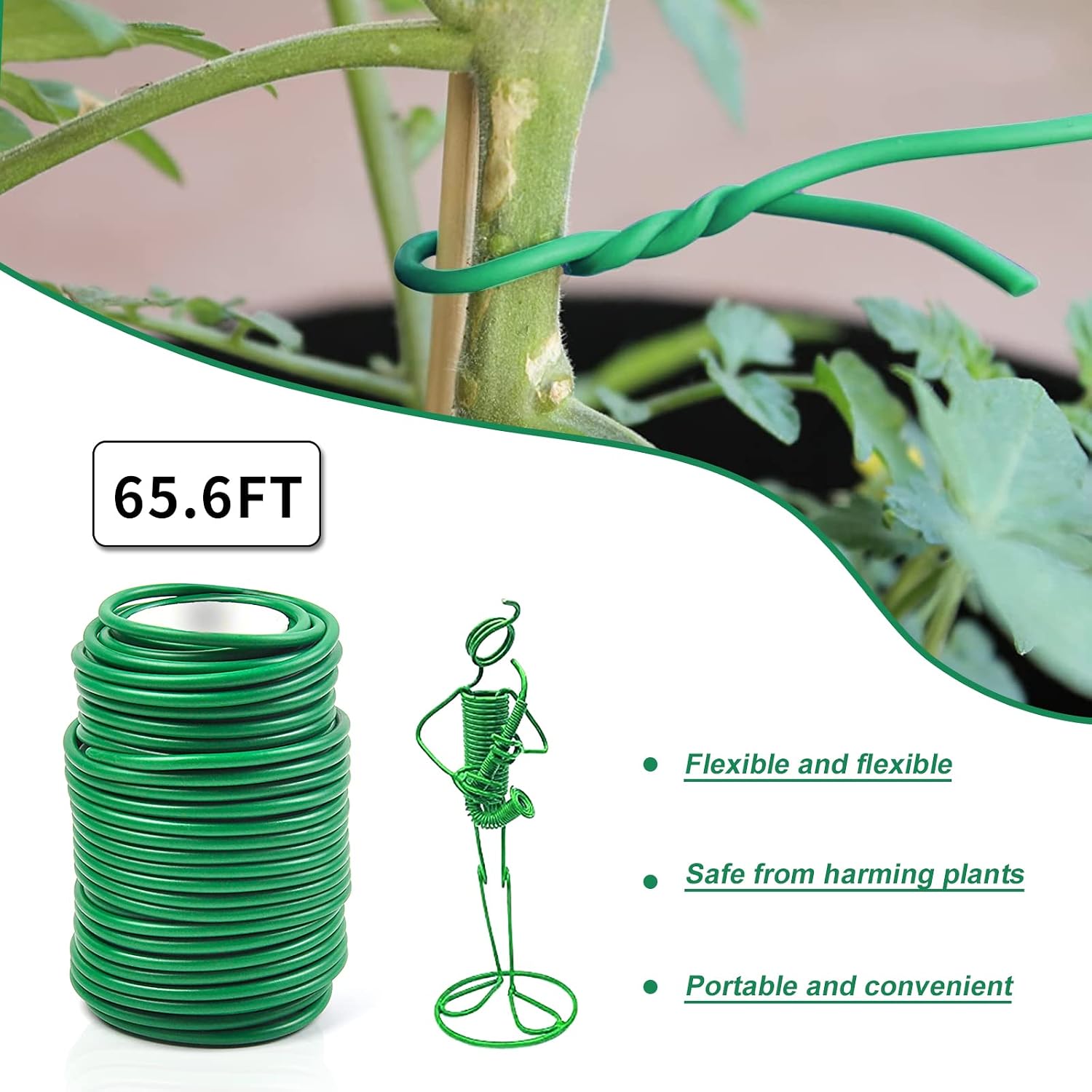 Decoroca Soft Plant Ties for Support - 65.6' Reusable Waterproof Plant Wire, 3.5mm Garden Twist