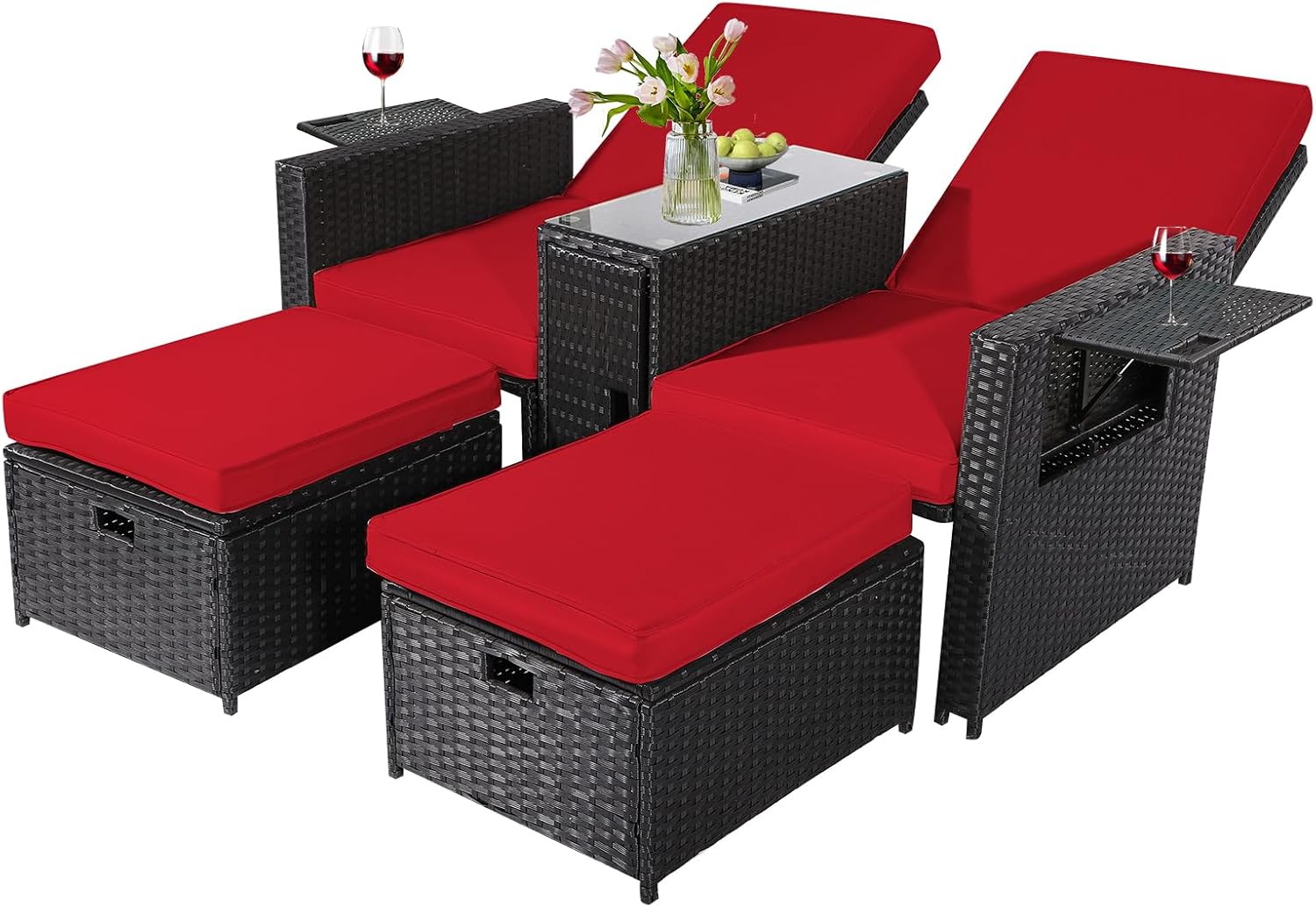 5PCS Outdoor Wicker Chaise Lounge Chair - Rattan Adjustable Reclining Patio Lounge Chair with Ottoman and Coffee Table