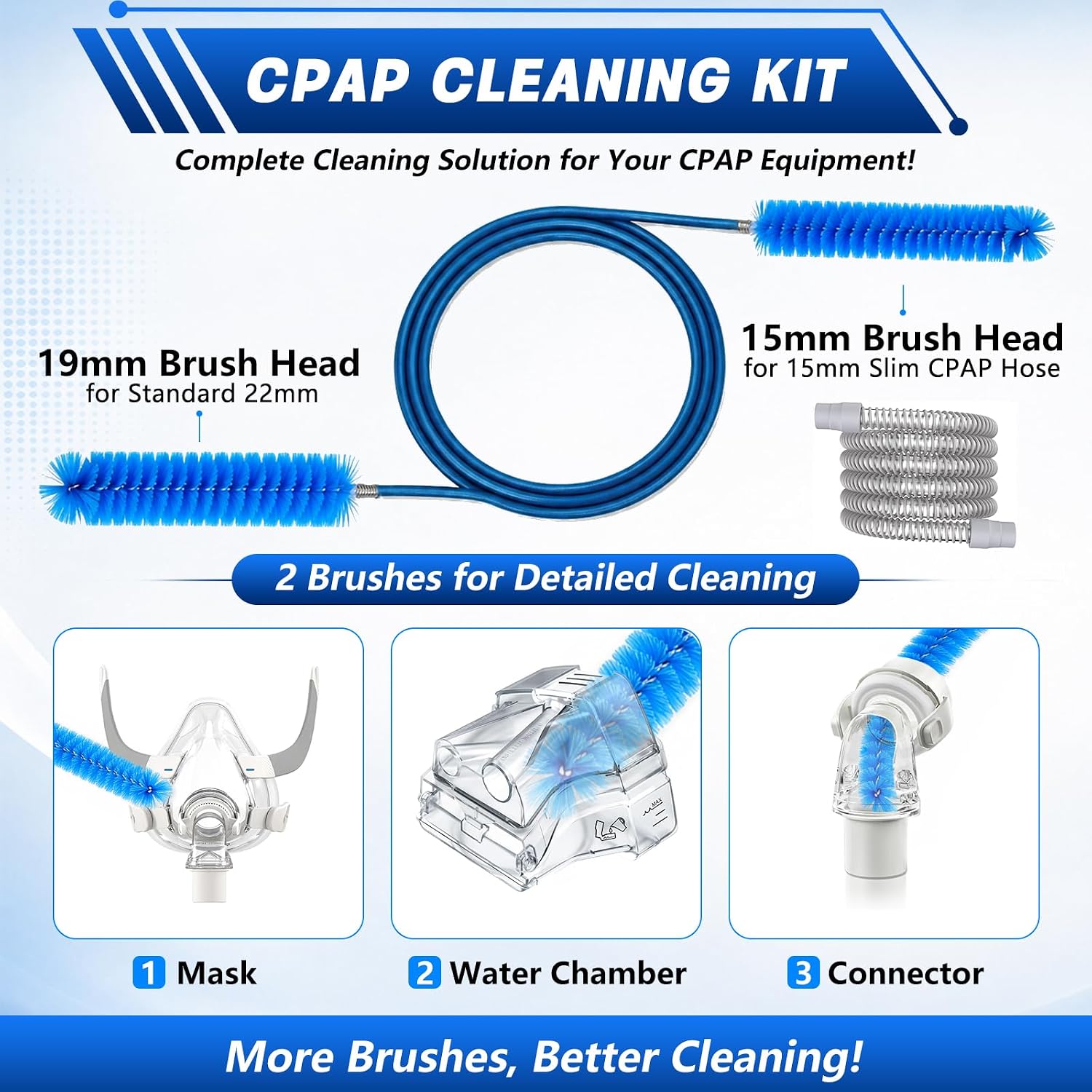 CPAP Hose Brush 7-Foot Rubber-Wrapped Steel Wire CPAP Tube Cleaning Brush for Standard 22mm & 15mm Diameter Tubes, with 2 Detail Brushes for Mask