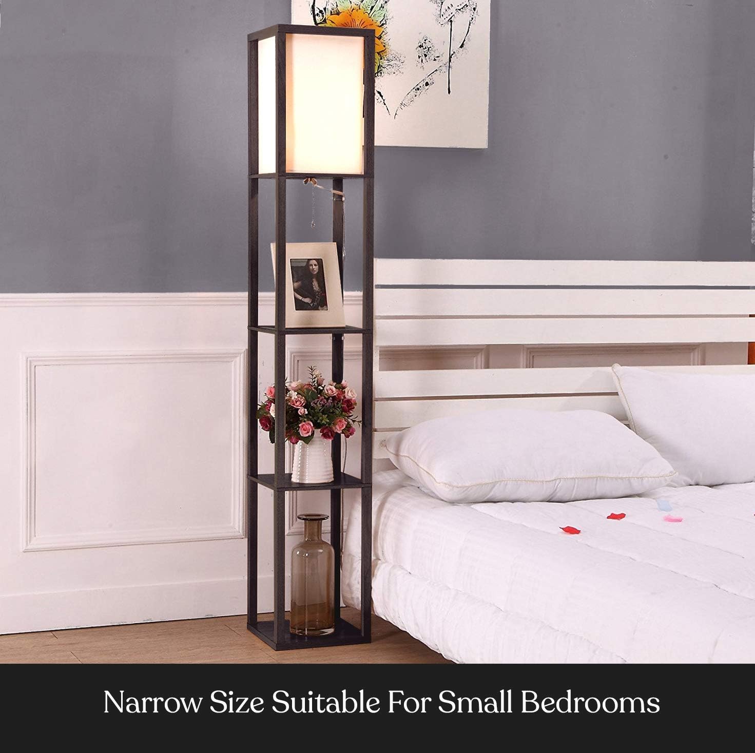 Brightech Maxwell - Modern Shelf Floor Lamp with Lamp Shade & Warm White LED Bulb, Corner Display Floor Lamp with Shelves for Living Room, Bedroom, Nightstand Office, Home Decor Storage - Natural Wood