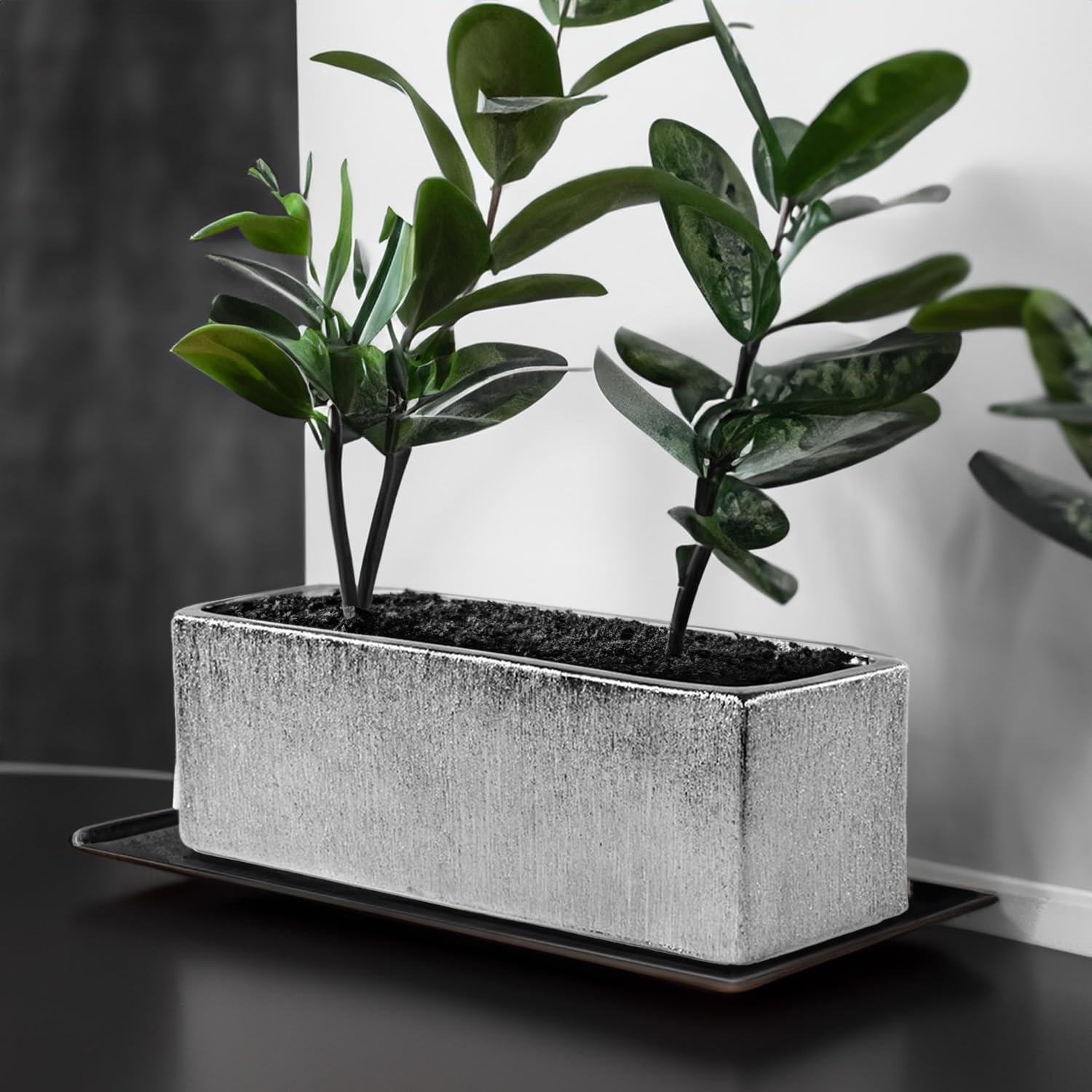 WGVI Long Rectangle Ceramic Planter Vase in White 14" x 4" x 4"H, Rectangular Box Block Terrarium Pot, Flower Arrangement, Tabletop Centerpiece
