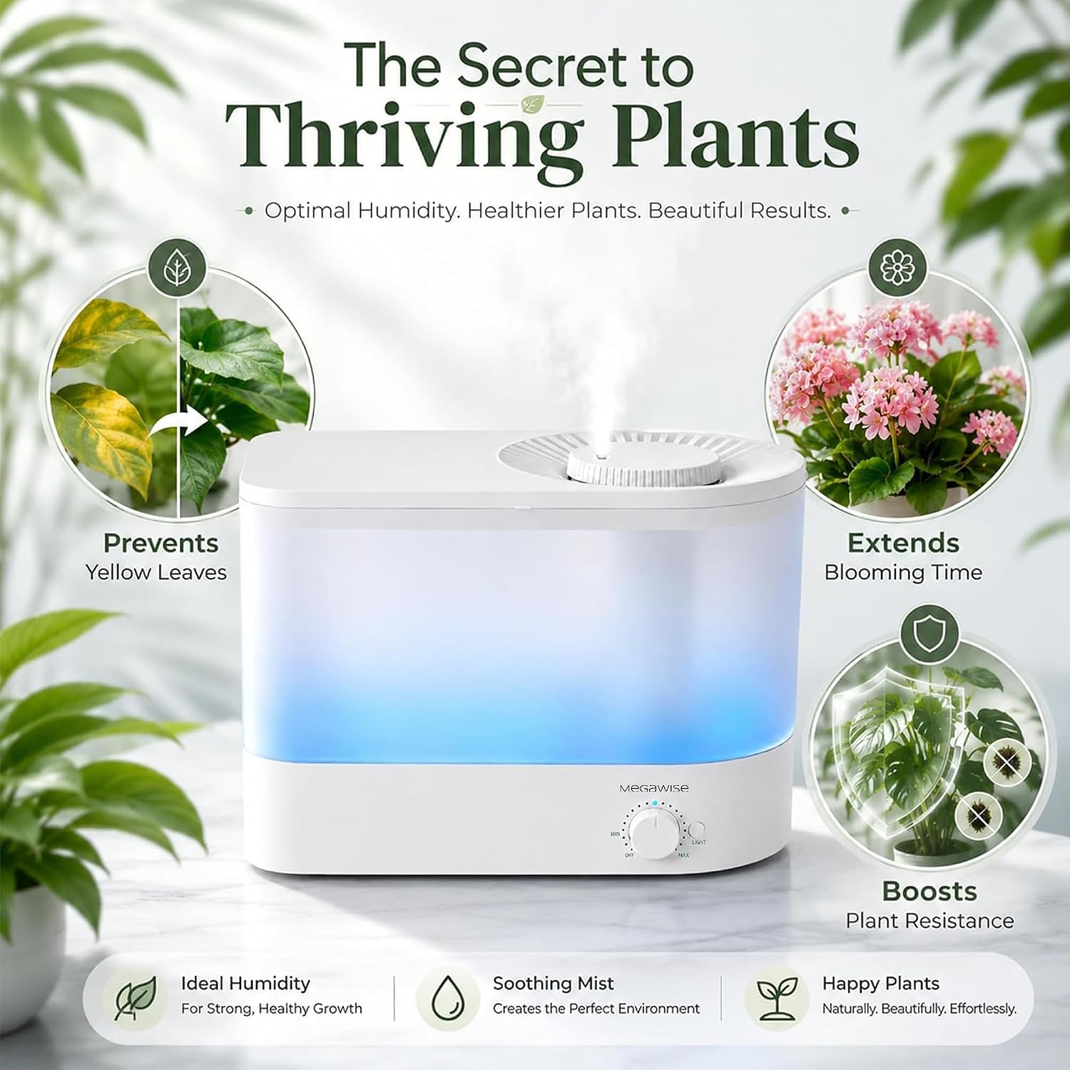 MEGAWISE 1.5L Cool Mist Humidifier for Bedroom, 25dB Quiet