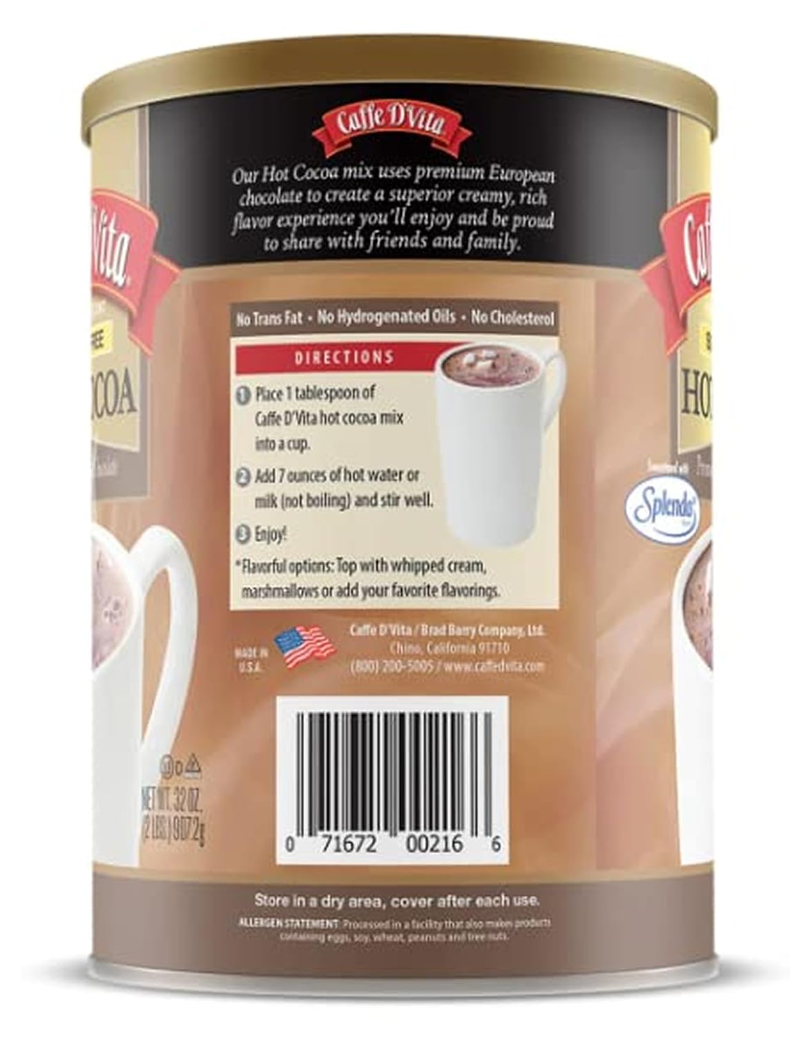 Caffe D'Vita Sugar Free Hot Cocoa Mix, Gluten Free - 10 Oz Can | Hot Chocolate Mix, Low Fat, No Cholesterol, No Hydrogenated Oils or Trans Fat, Kosher, Cocoa Bulk