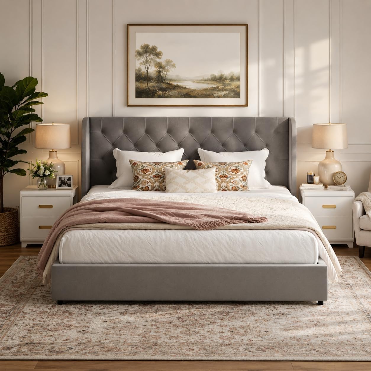 HOMBCK Full Size Bed Frame with Headboard, Upholstered Platform Bed, White | Velvet Tufted Curved Wingback/Wooden Slats Support/No Box Spring Needed/Noise-Free/Easy Assembly